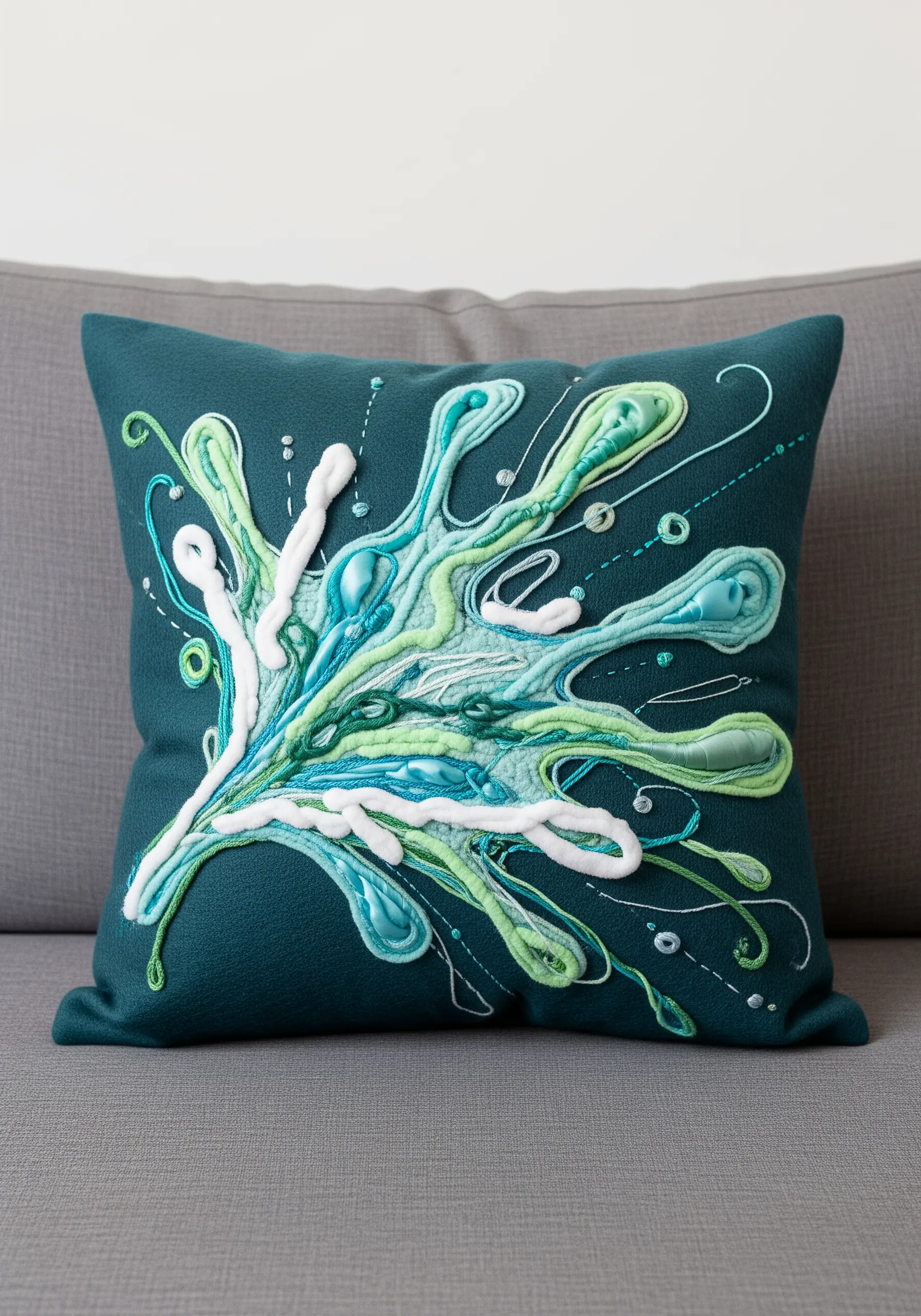 An abstract, coral-like design in green and white on a teal pillow, using mixed fibers and beads.