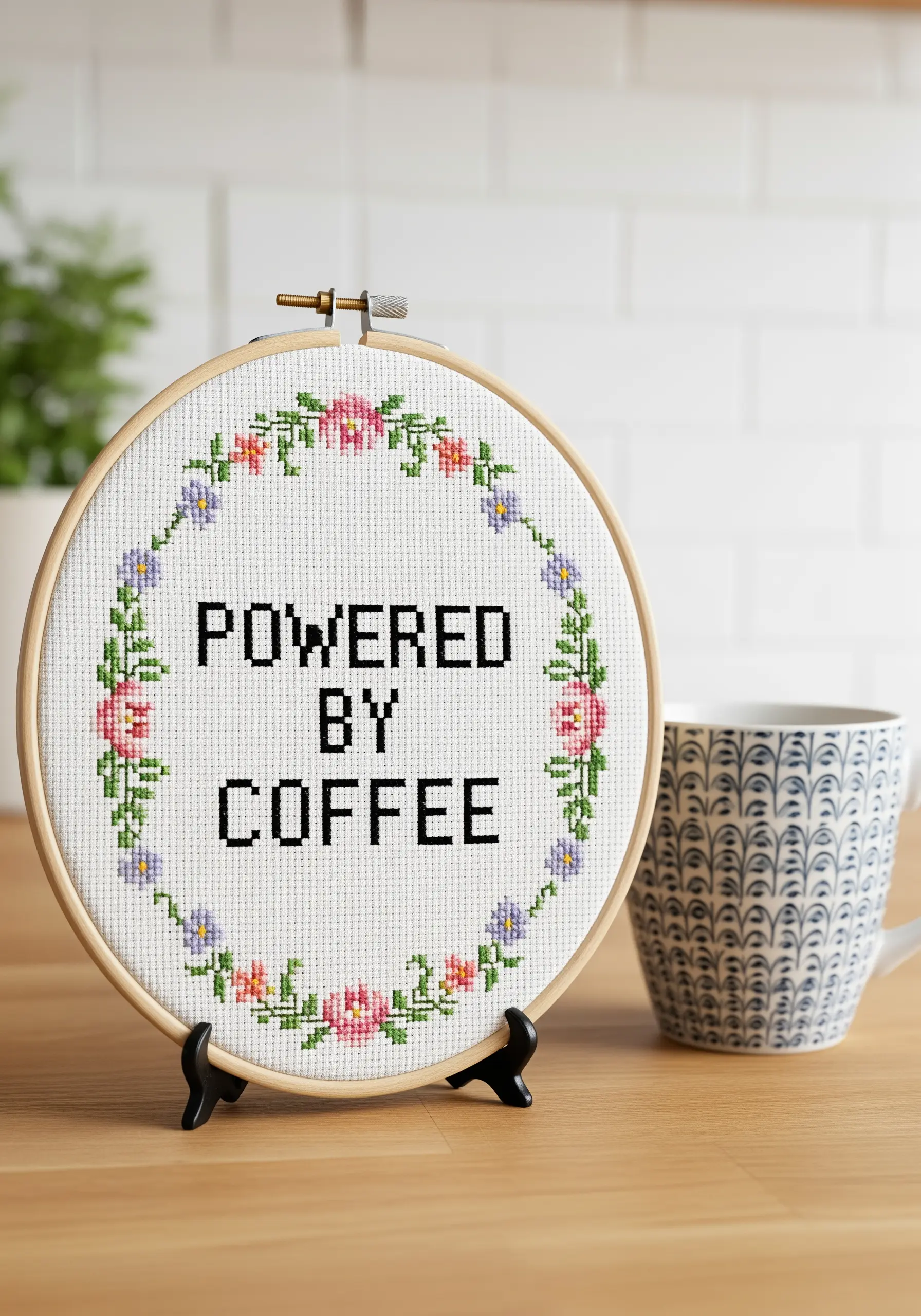 A cross-stitch hoop with the words 'Powered by Coffee' inside a floral wreath.