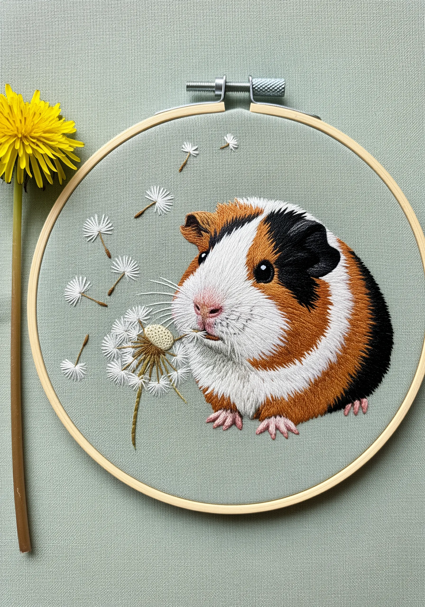 Realistic embroidery of a multi-colored guinea pig blowing on a dandelion seed head.