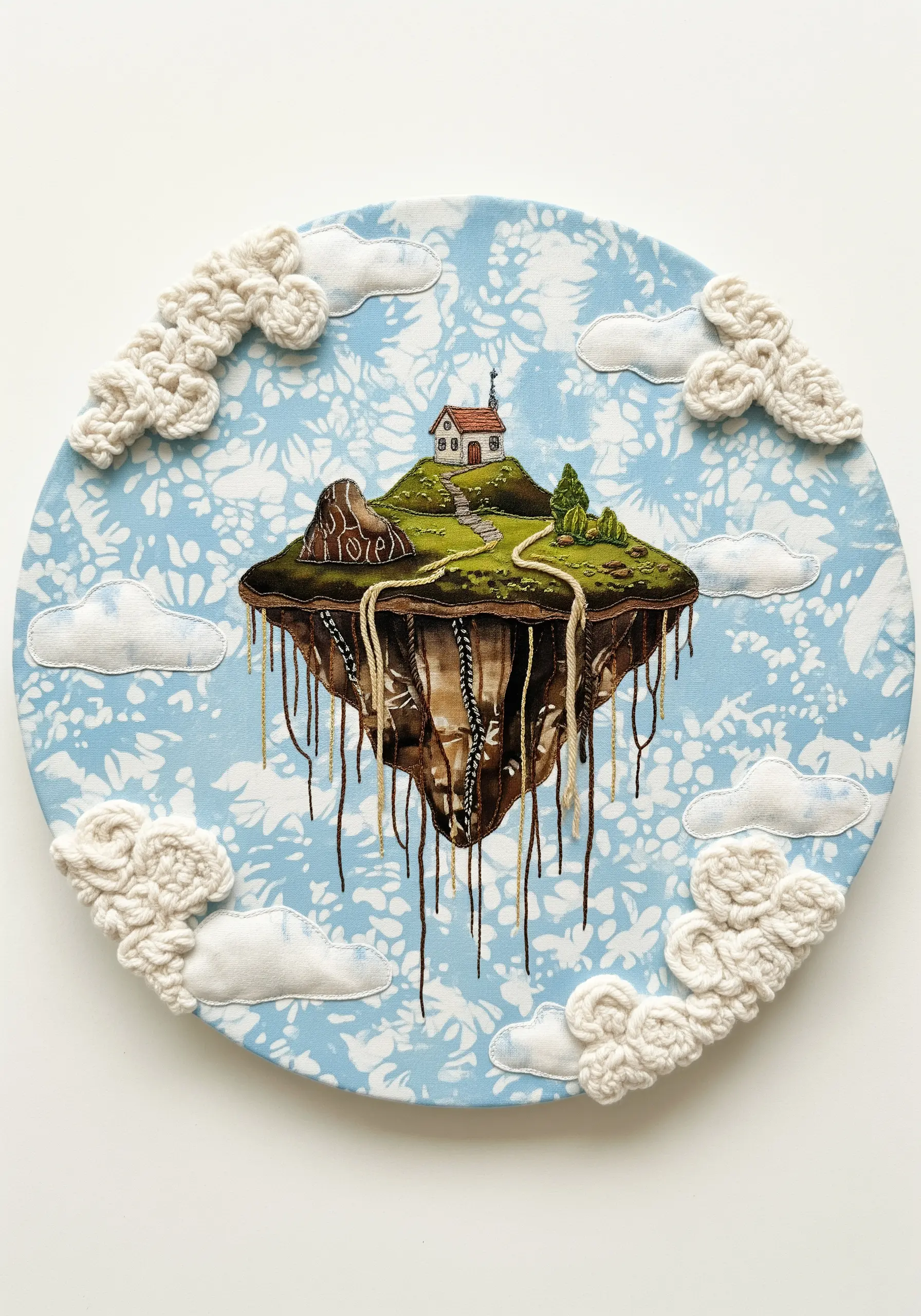 A surreal floating island made with fabric collage, loose threads, and dimensional cloud stitches.