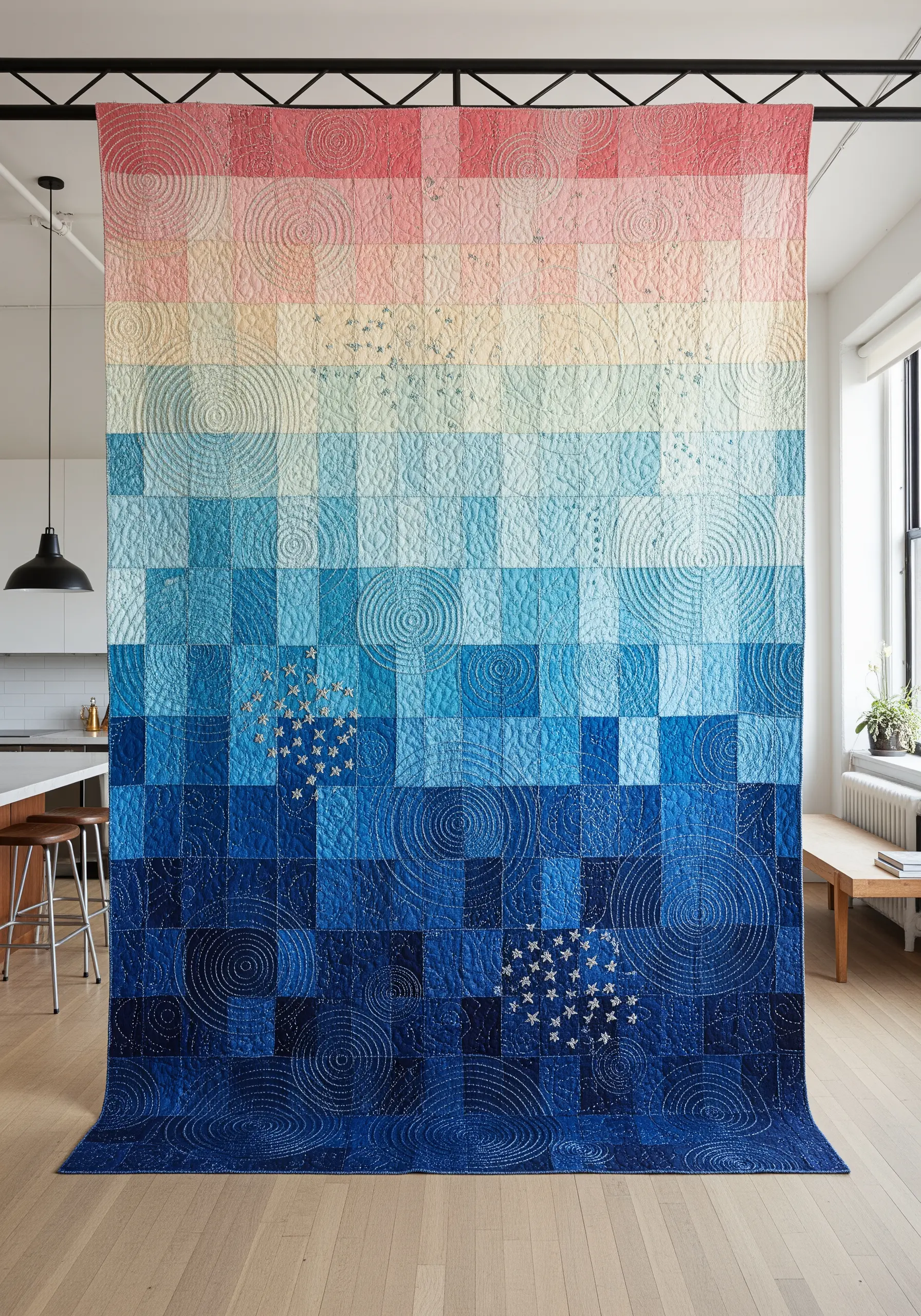 Large gradient quilt with echo-stitched circles and small hand-embroidered star clusters.