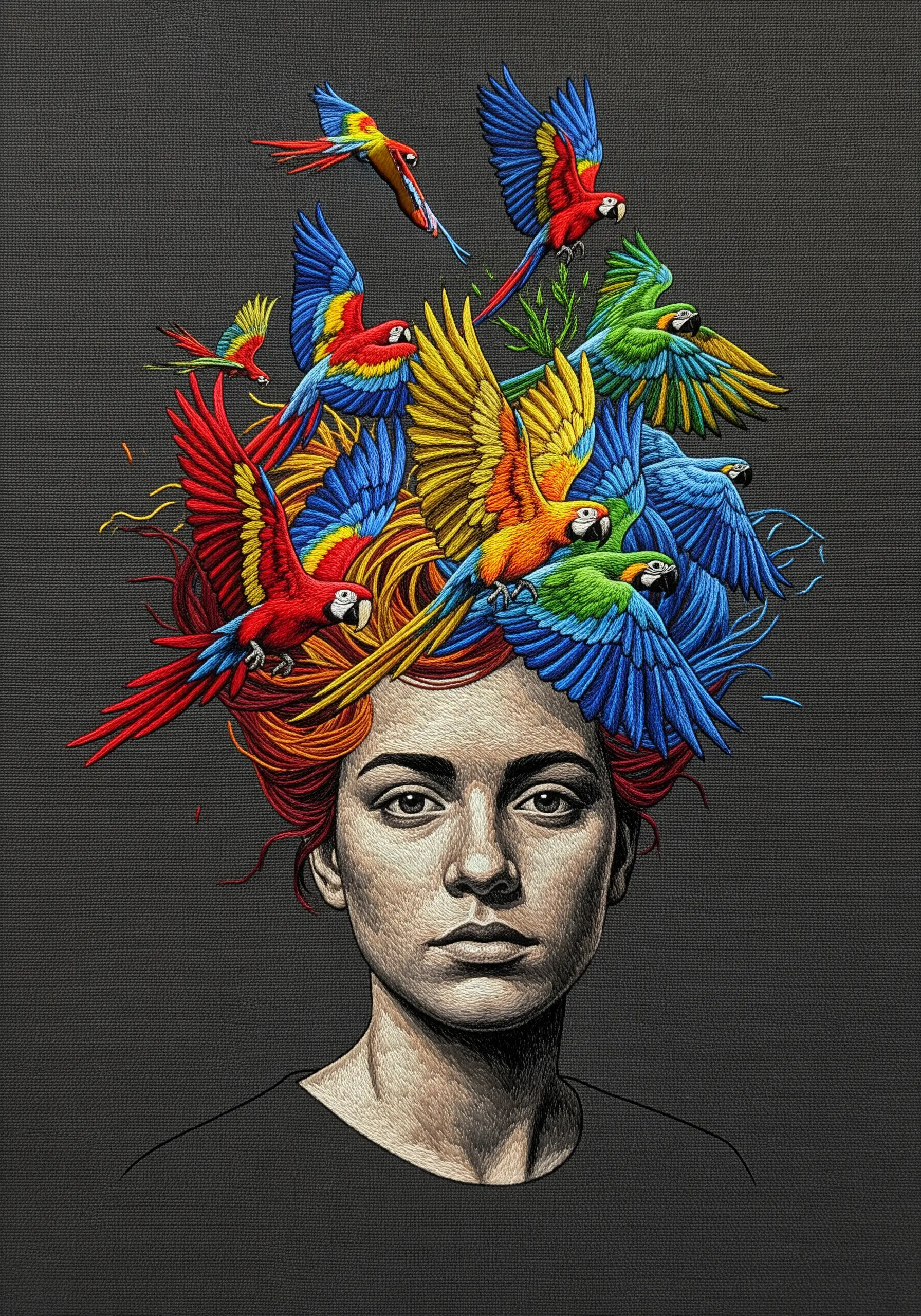 A surrealist embroidered portrait of a woman with a flock of colorful macaws in her hair.