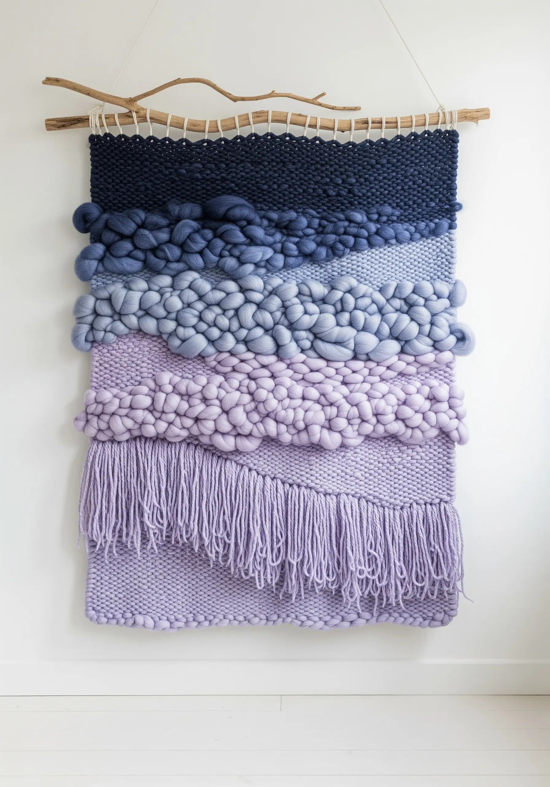 Woven wall hanging with chunky purple and blue yarn textures on a natural branch.
