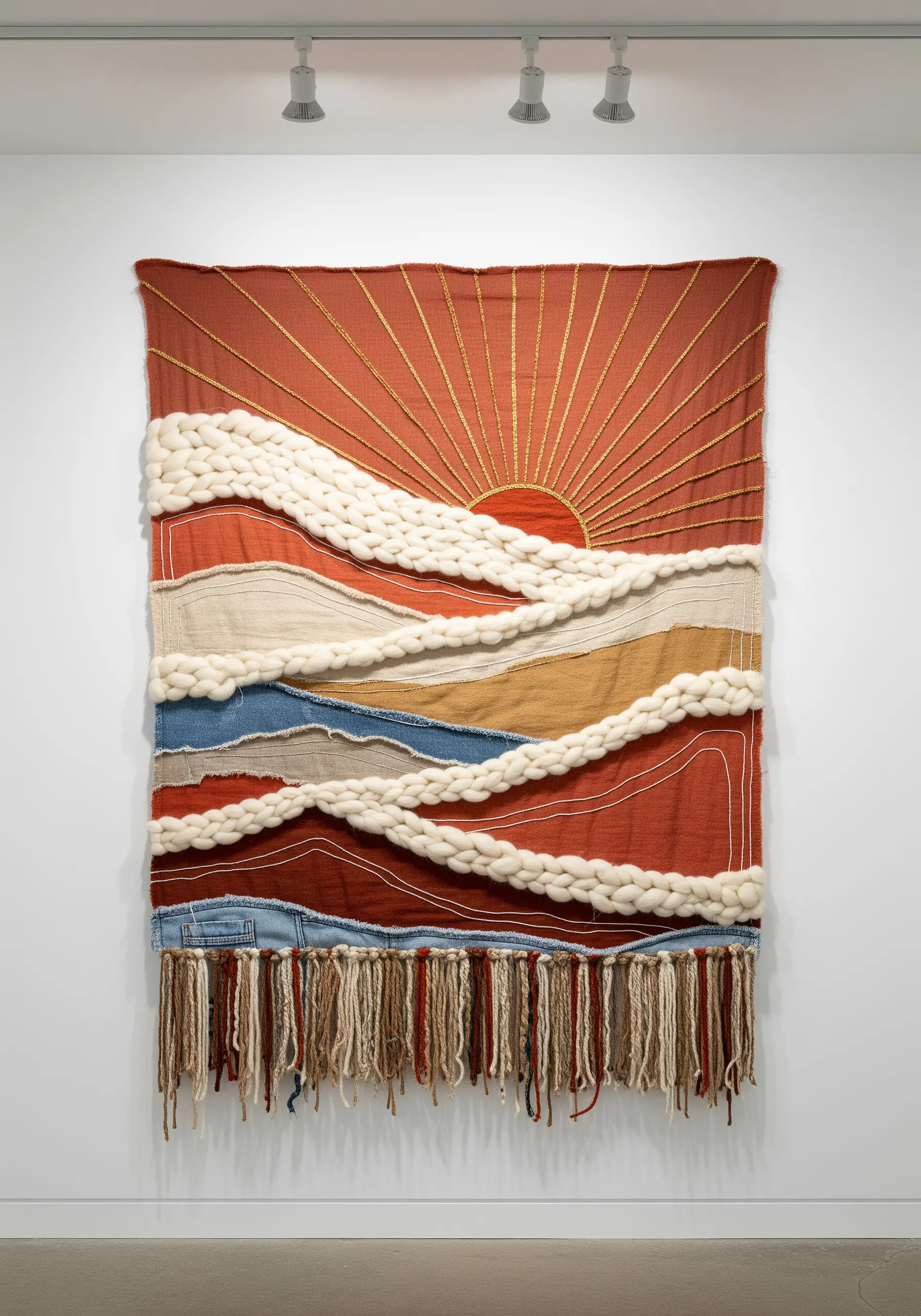 Large fabric collage wall hanging with chunky wool roving and embroidered sunrays.