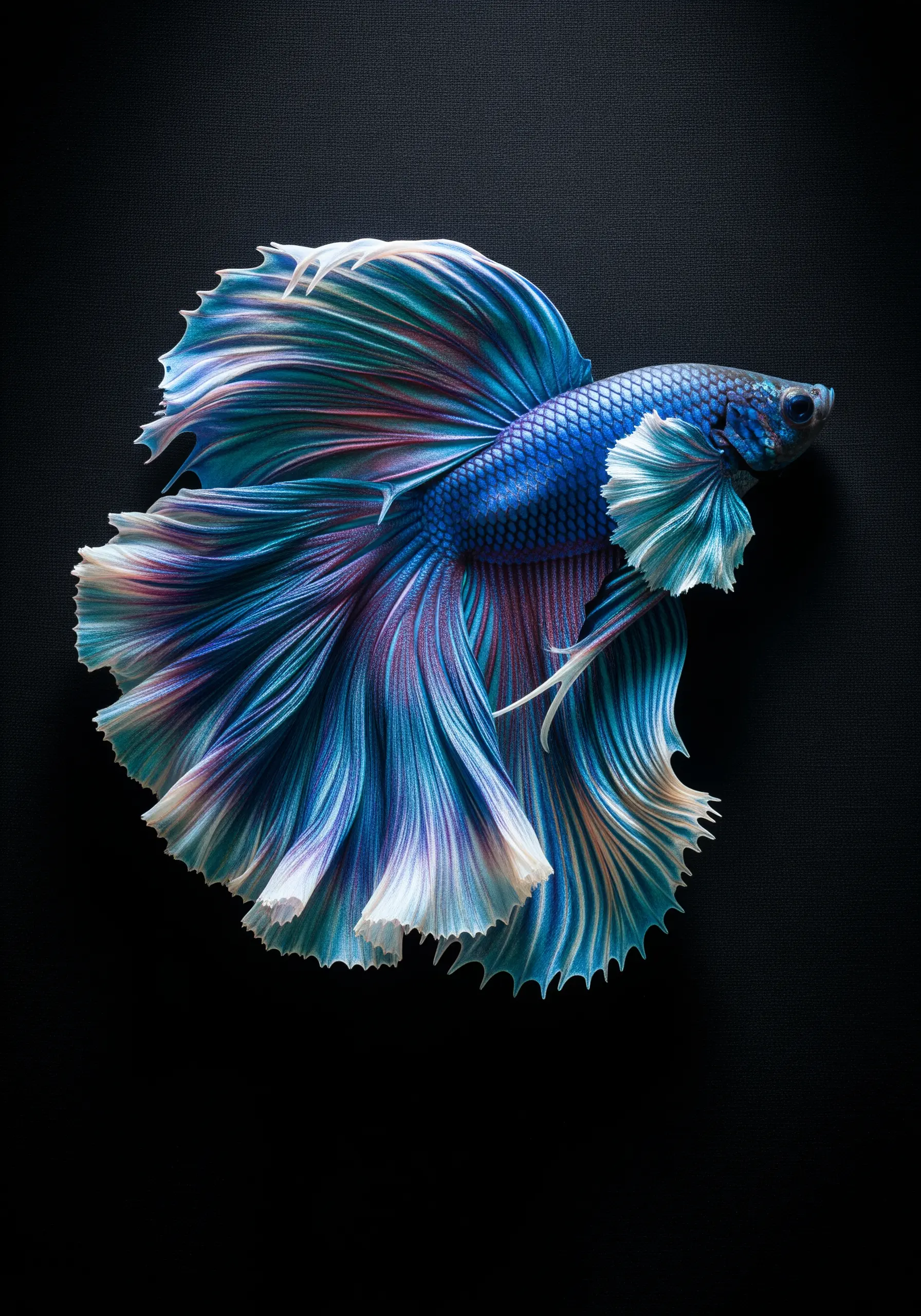 A betta fish with long, flowing fins created with blended shades of blue, purple, and red thread.