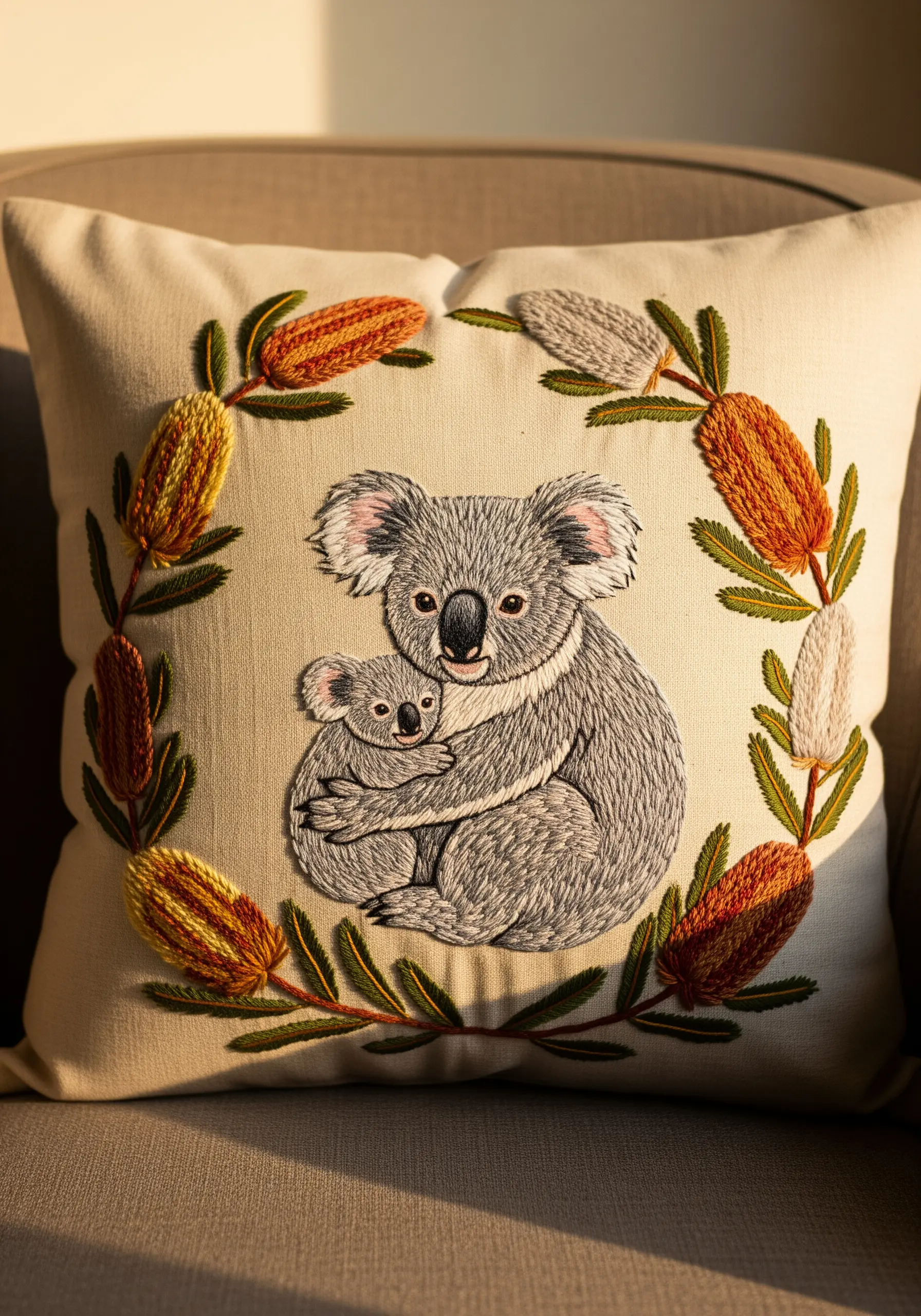 Detailed thread-painted koala and baby on a cushion, framed by a botanical wreath.