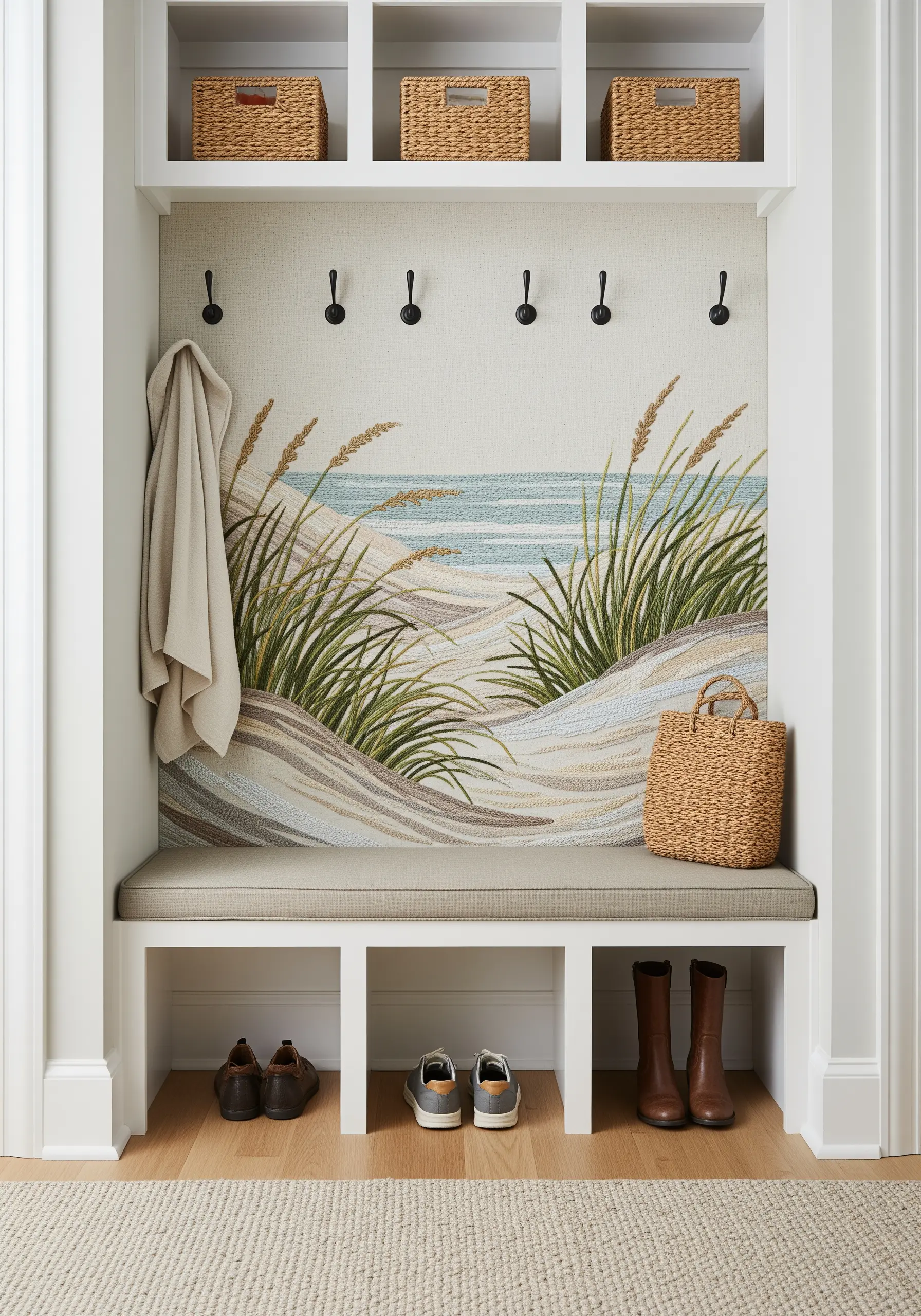 An embroidered mural of beach dunes and sea grass in a mudroom or entryway nook.