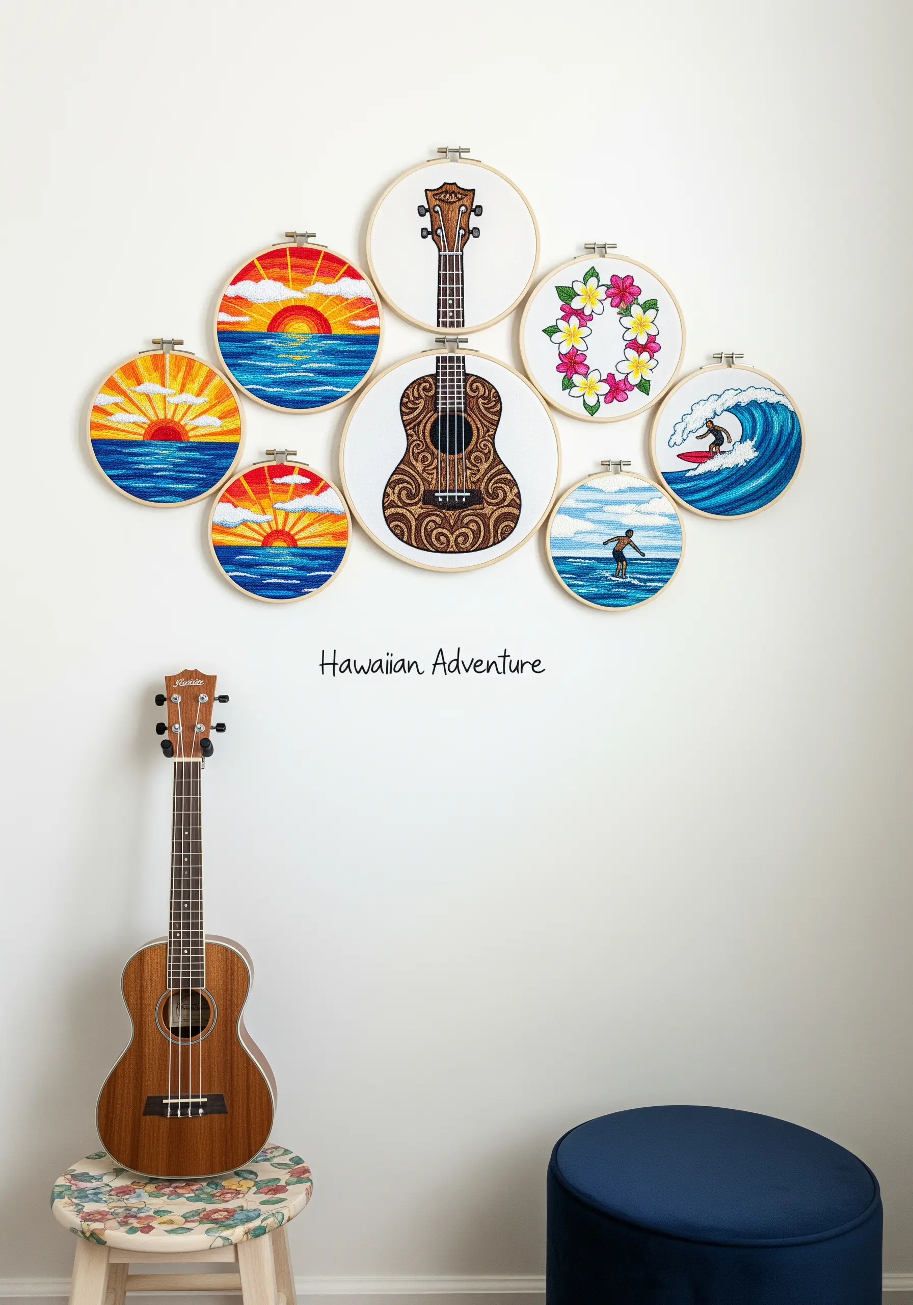A collection of Hawaiian-themed embroidery hoops featuring sunsets, ukuleles, and surfers.
