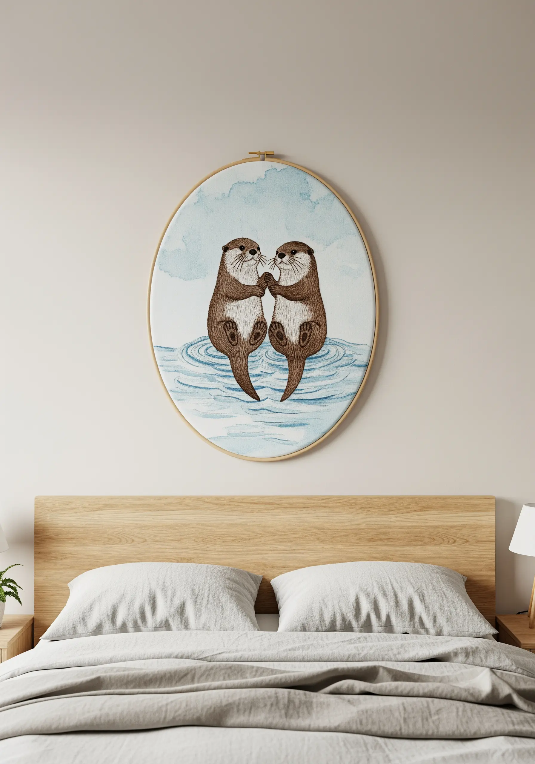 Two otters holding hands, embroidered over a soft blue watercolor-painted background.
