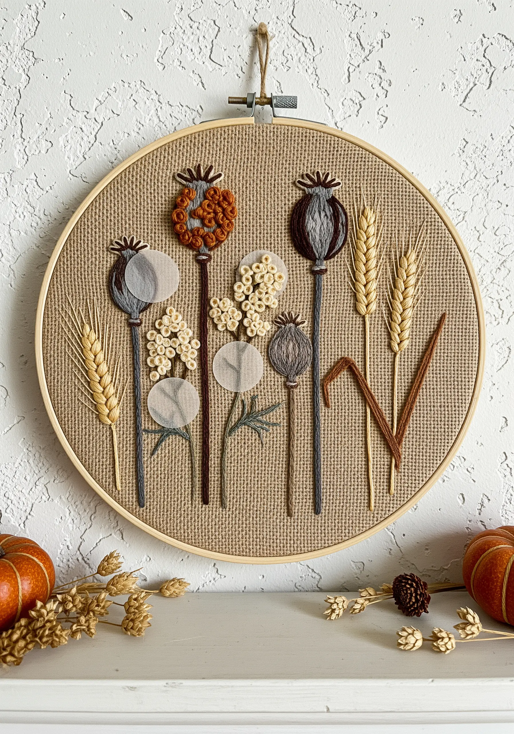 A rustic botanical embroidery on burlap featuring poppy pods with sheer fabric appliqué.