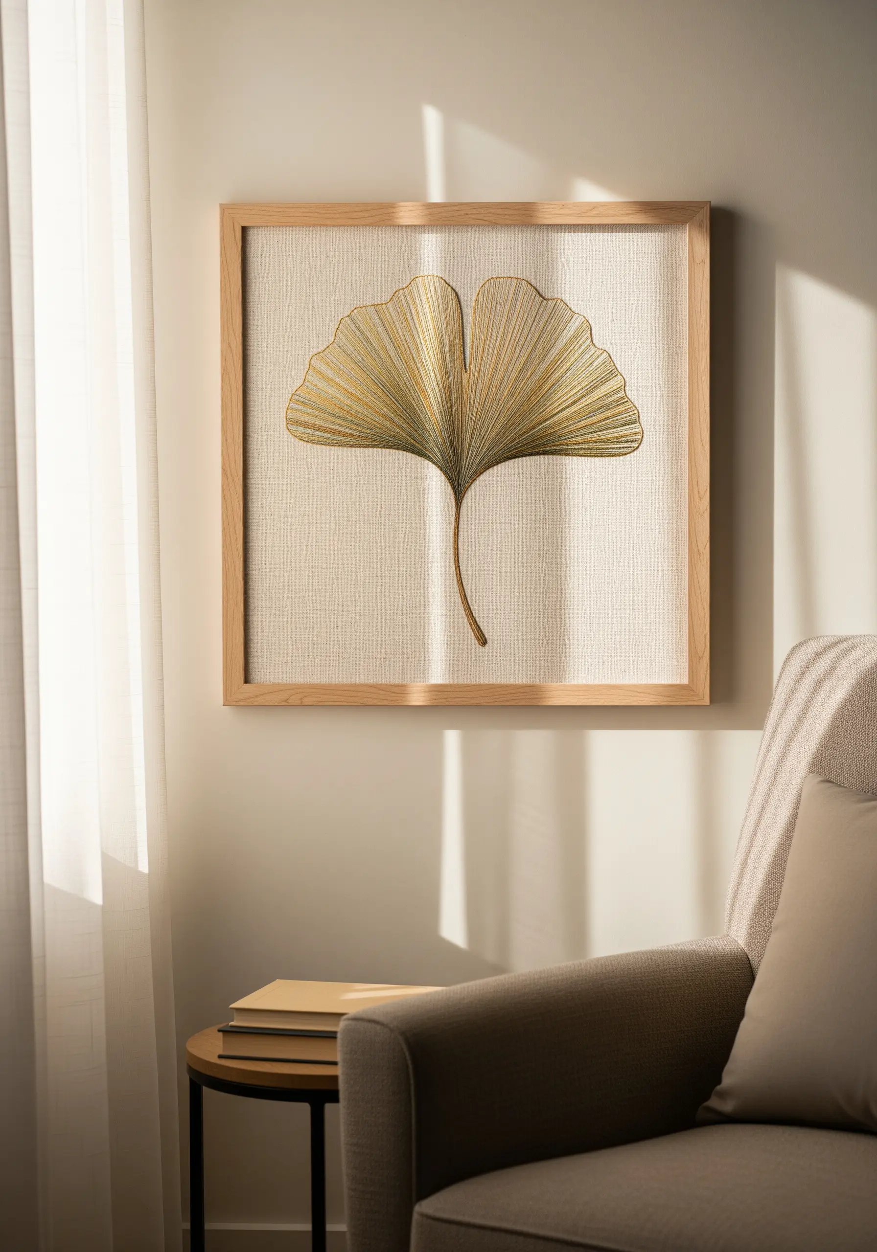 An embroidered ginkgo leaf with radiating stitches in gold and green thread.