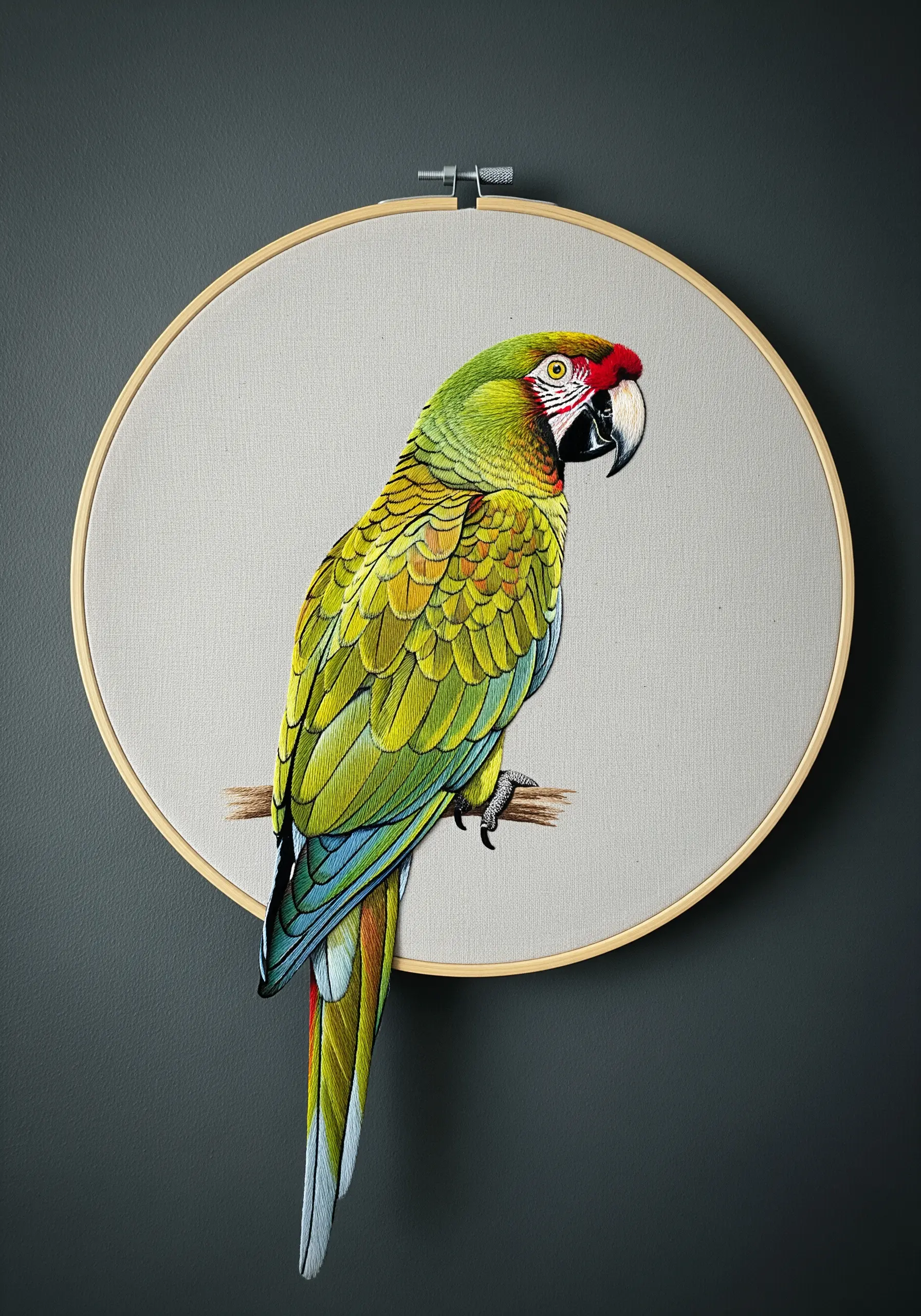 A thread-painted military macaw showing subtle green and yellow color blending on its feathers.