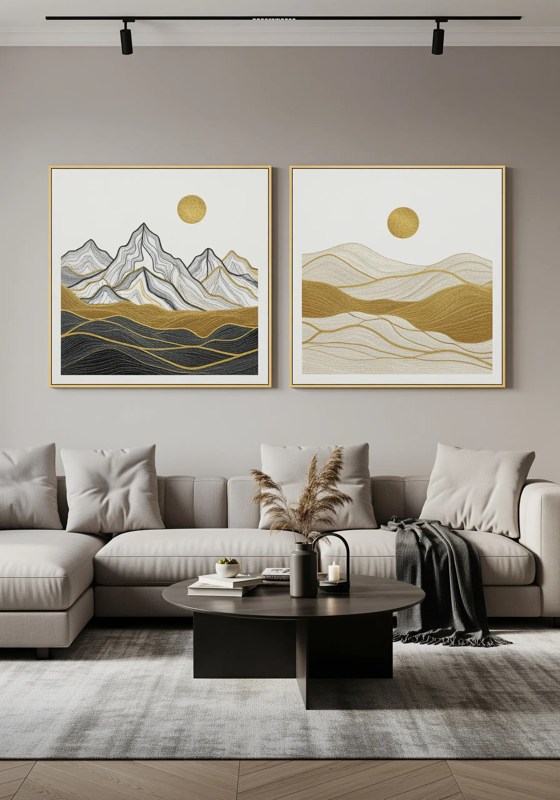 A diptych of framed abstract landscapes embroidered with blended black, white, and gold threads.