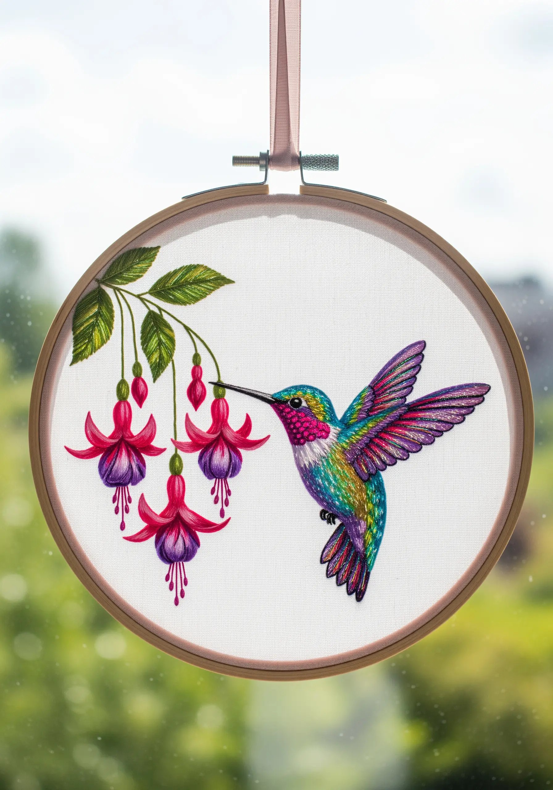 A colorful, iridescent hummingbird embroidered next to pink fuchsia flowers.