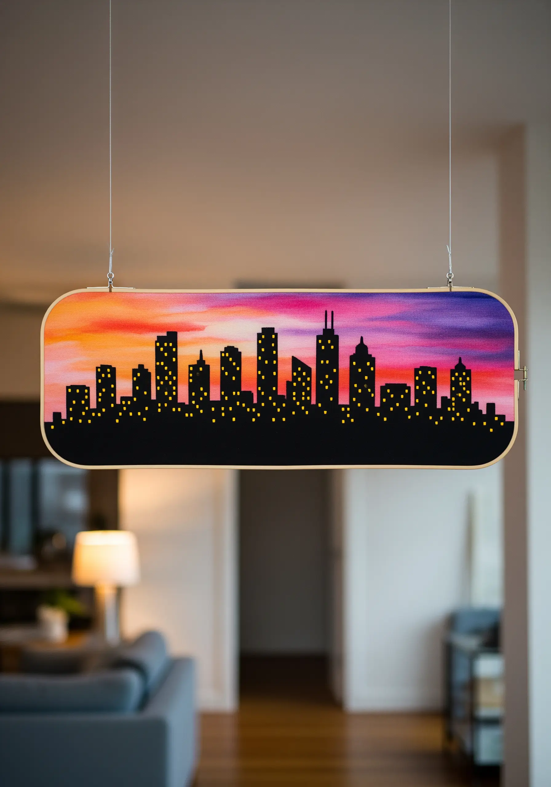 A city skyline silhouette embroidered in black over a painted watercolor sunset background.