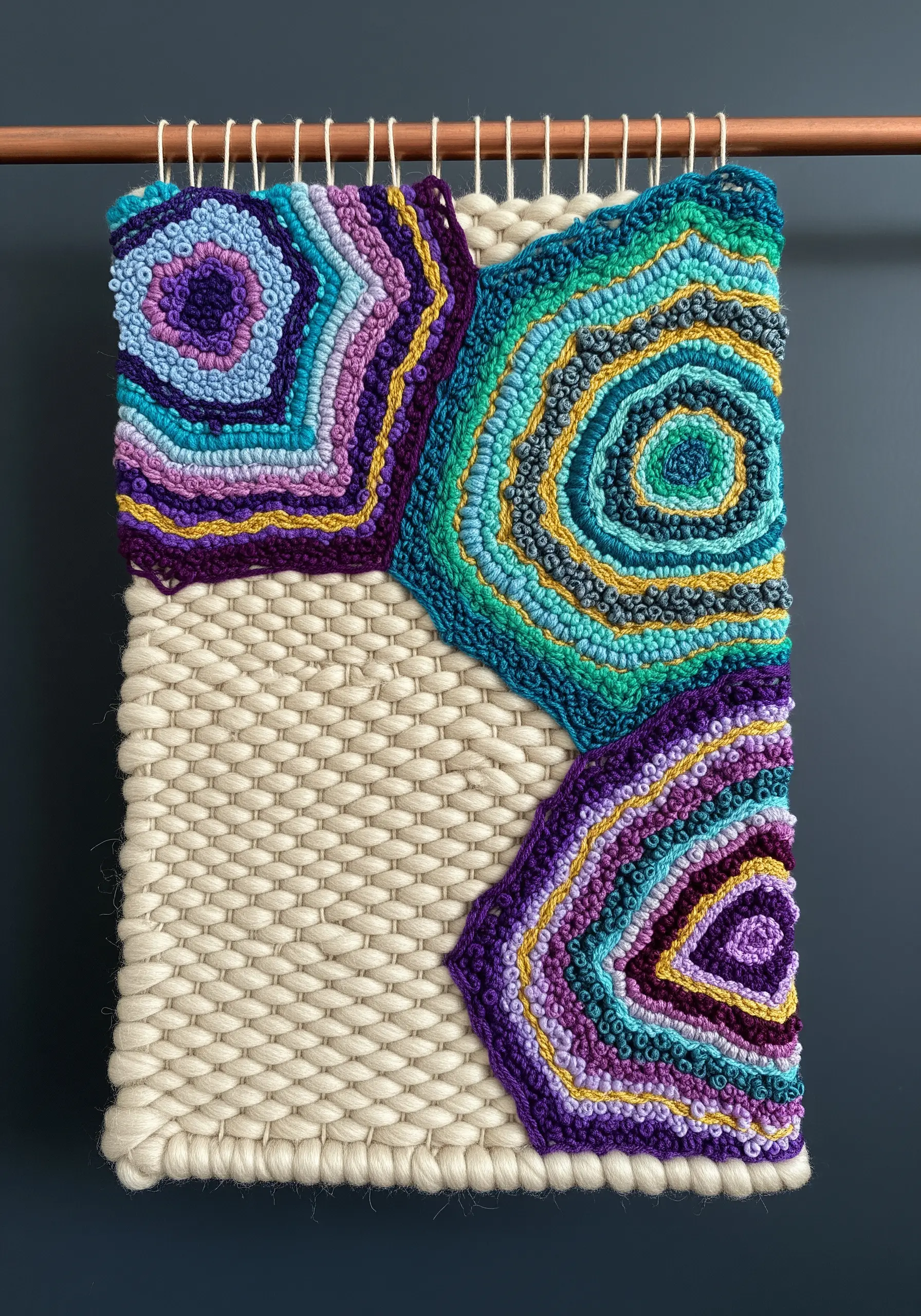 A mixed-media wall hanging combining a neutral woven base with colorful embroidered sections.