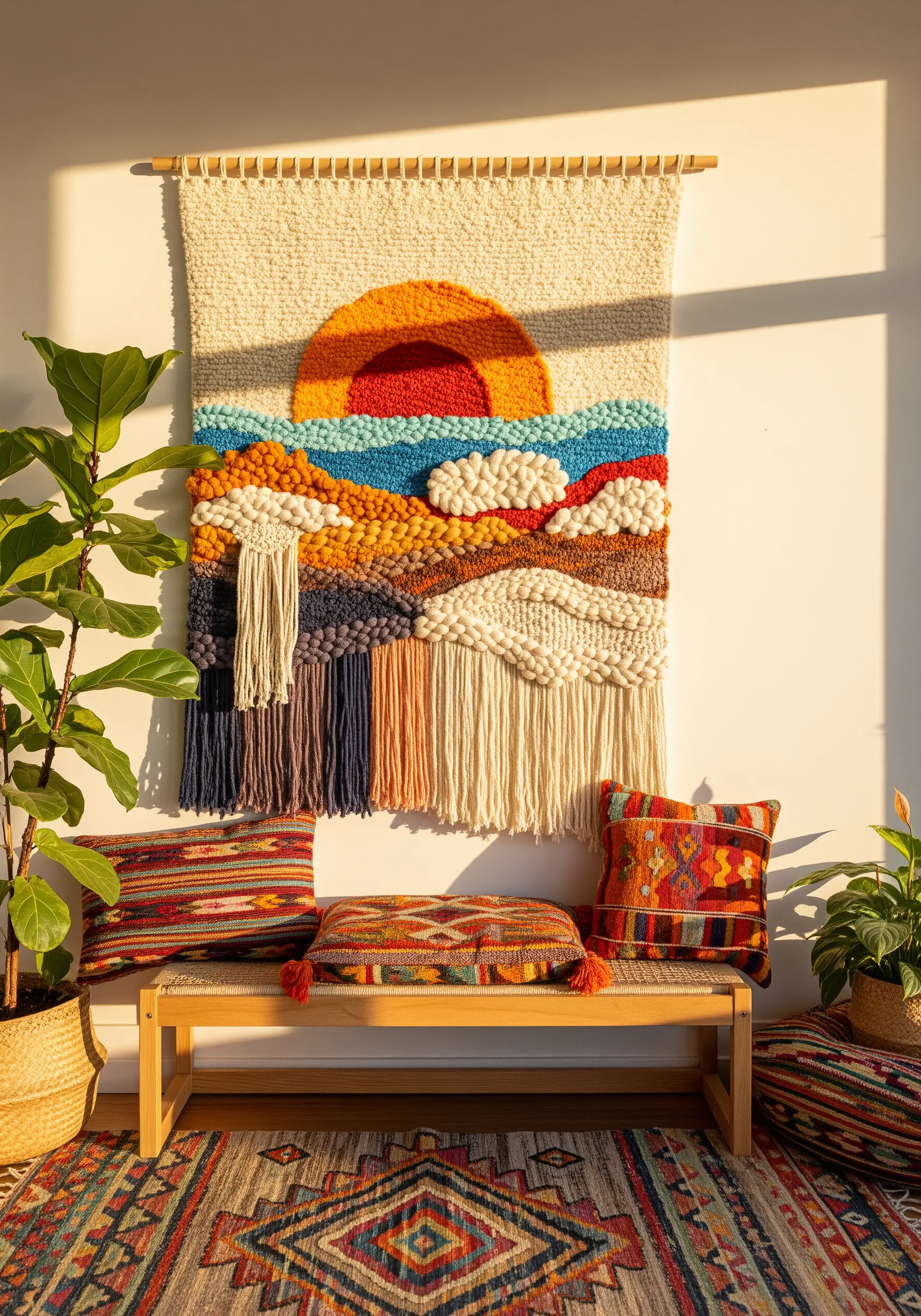 Large woven wall art with a textured sunset over abstract hills.
