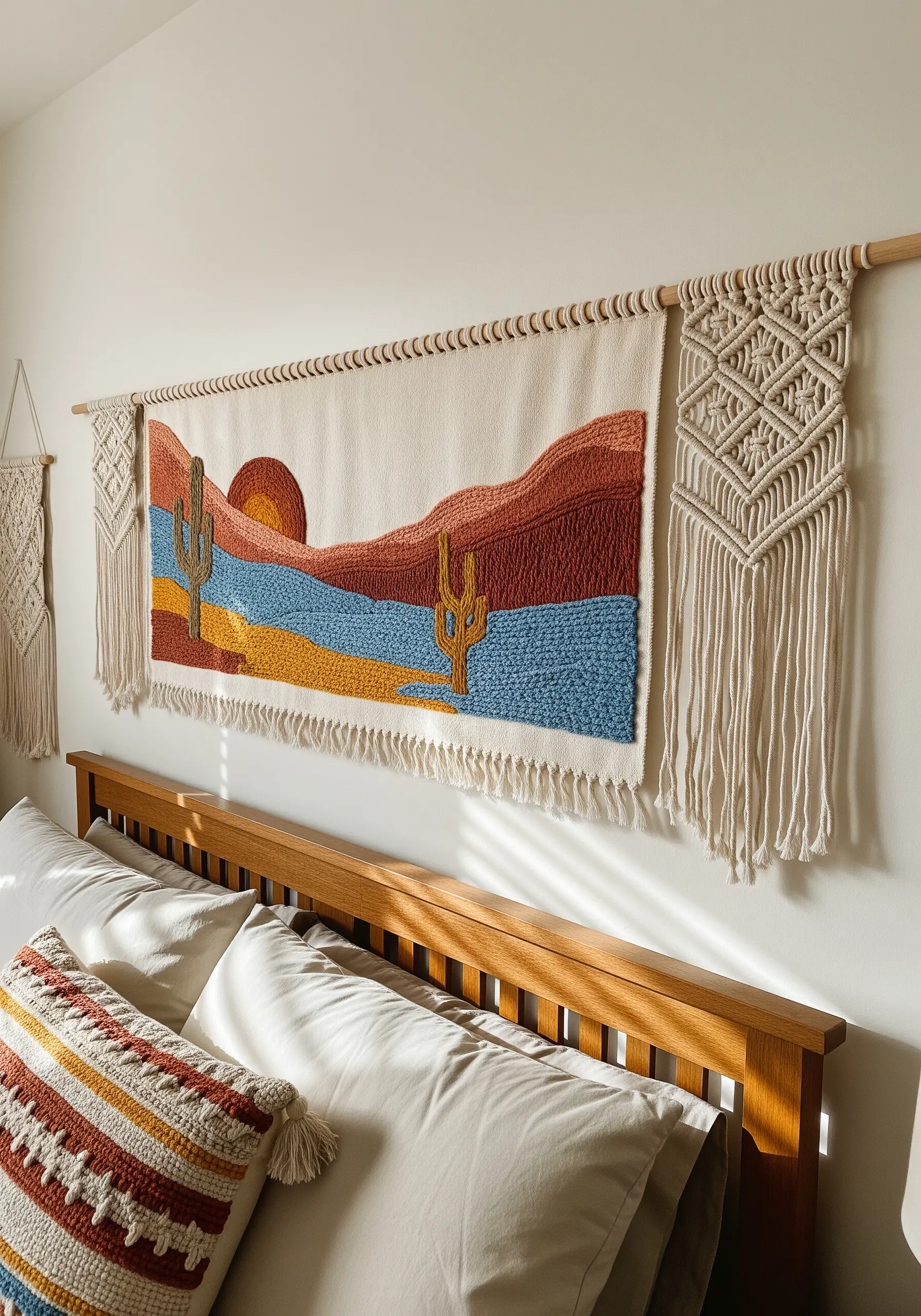 A woven desert landscape tapestry framed by two intricate macramé panels, hanging above a bed.
