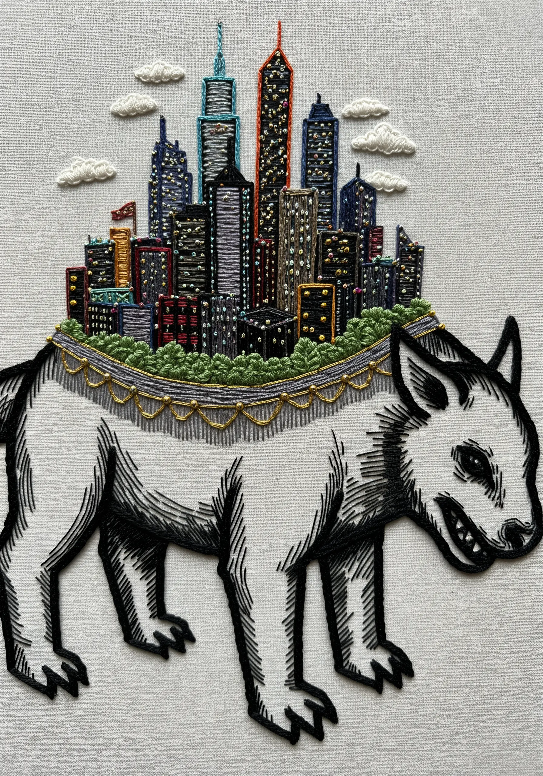 Surrealist embroidery of a detailed city riding on the back of a stylized, line-art animal.