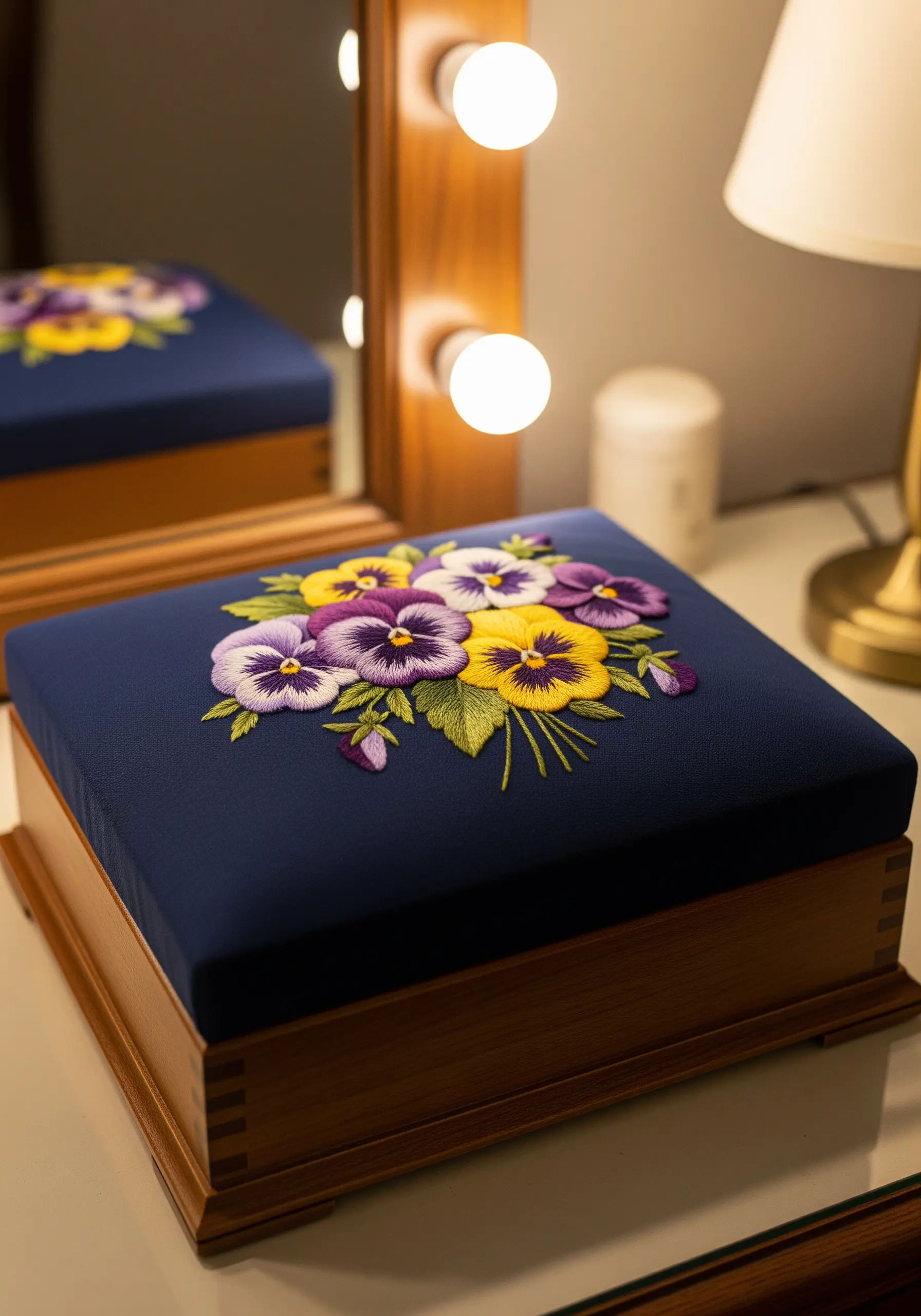 Thread-painted pansies in purple and yellow on a dark blue jewelry box lid.