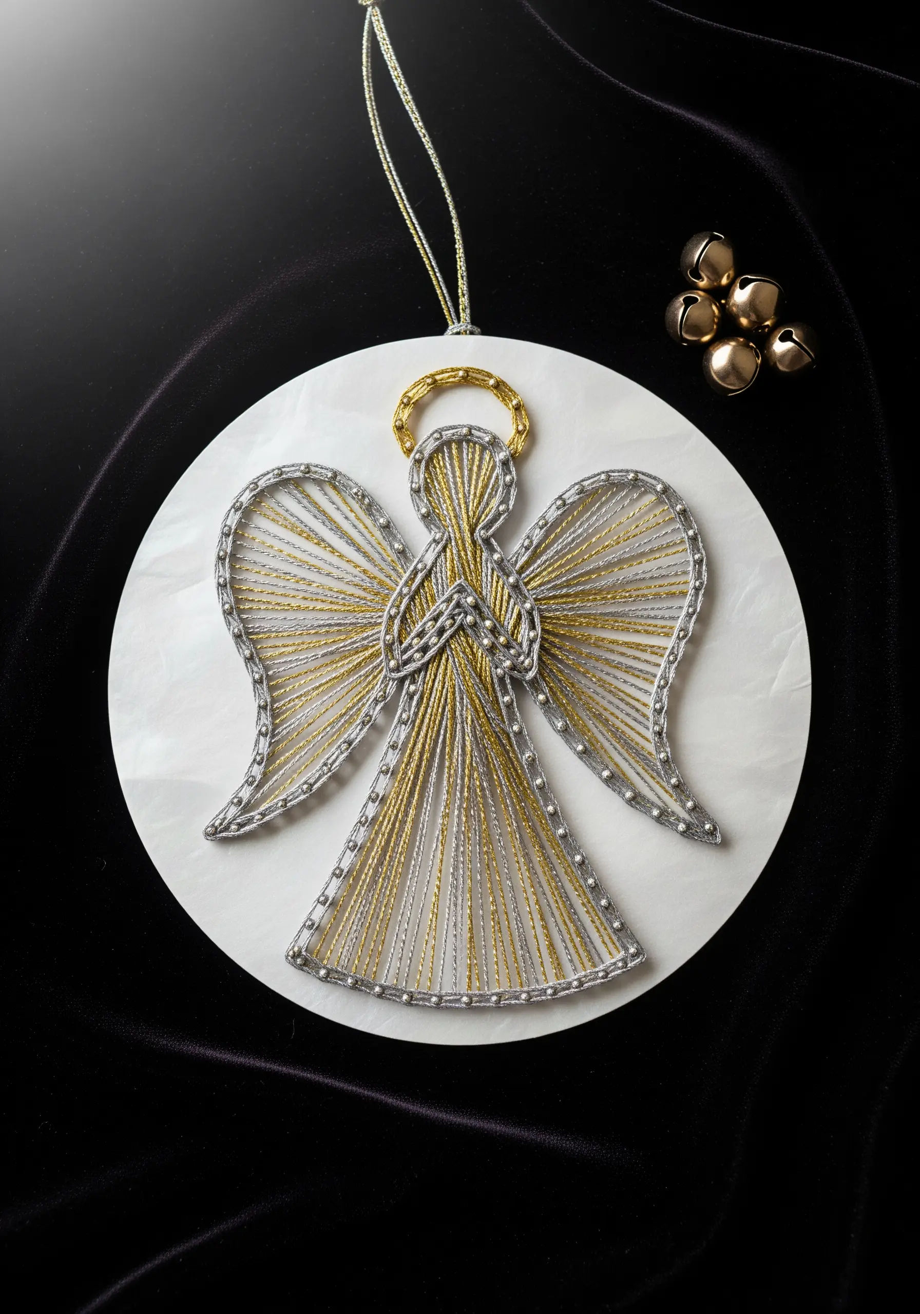 Elegant string art angel made with blended gold and silver metallic threads.