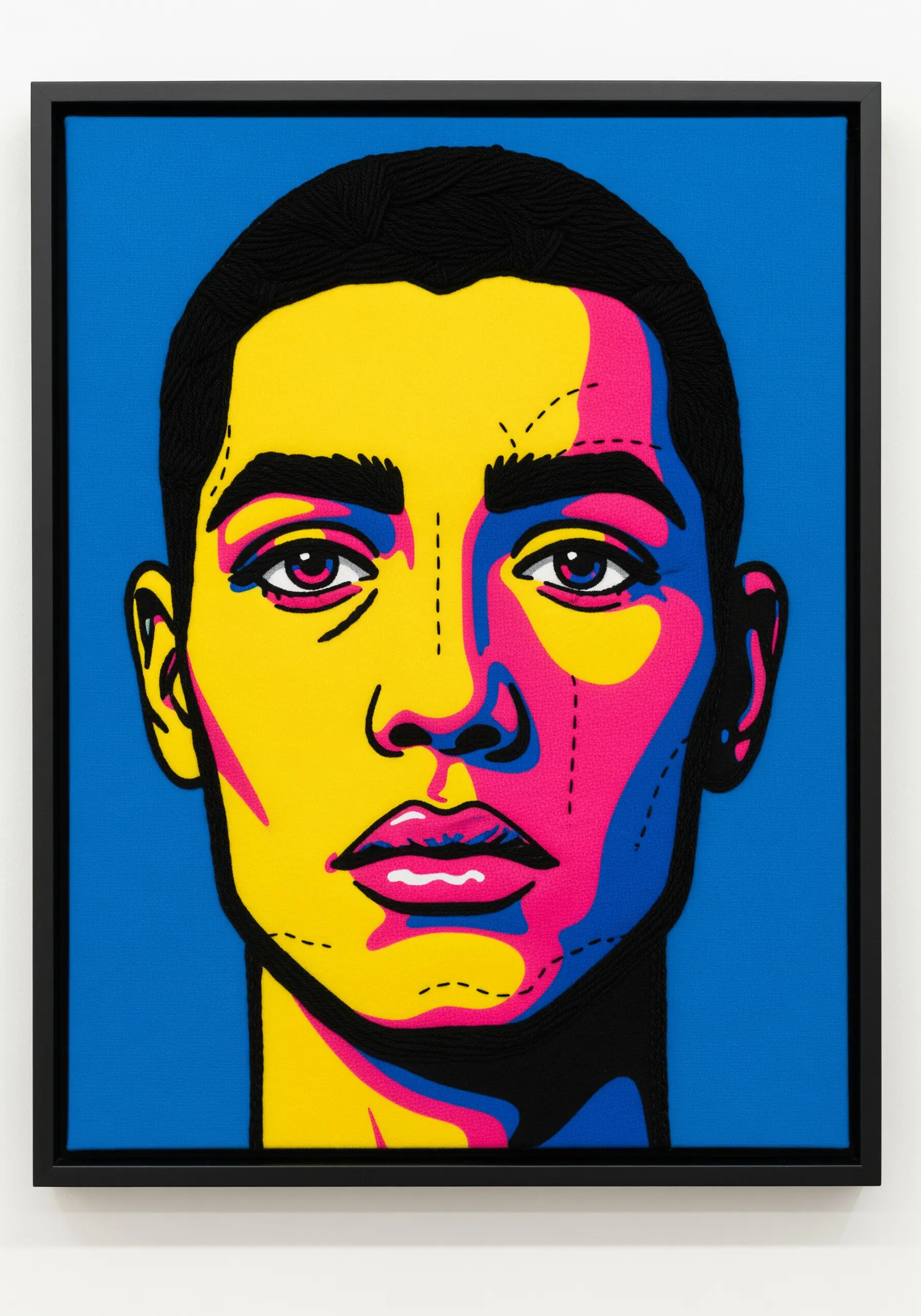 Graphic embroidery portrait with bold yellow, pink, and black color blocking using satin stitch.