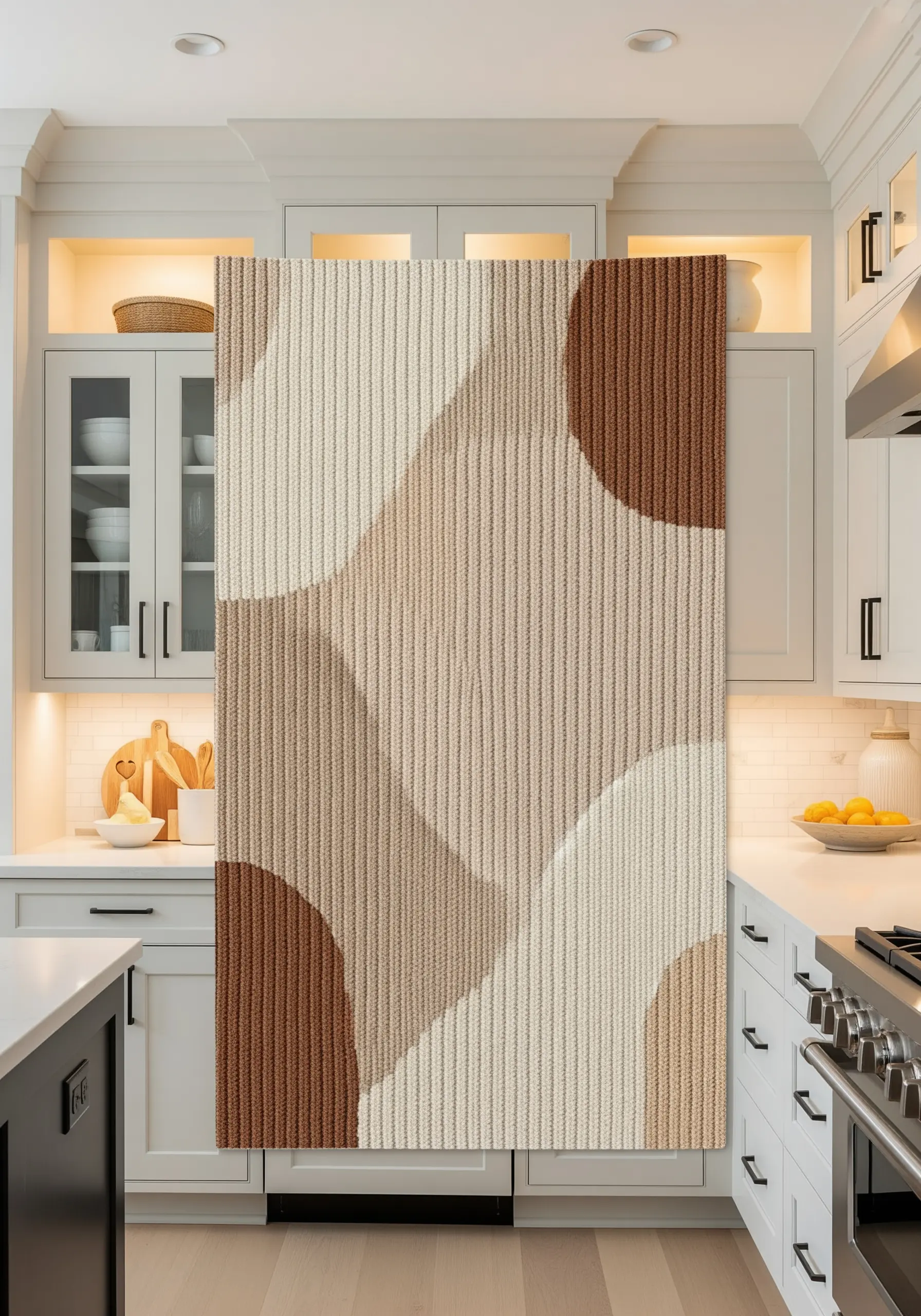 A modern textile wall hanging with abstract curved shapes filled with vertical stitches in brown and beige.