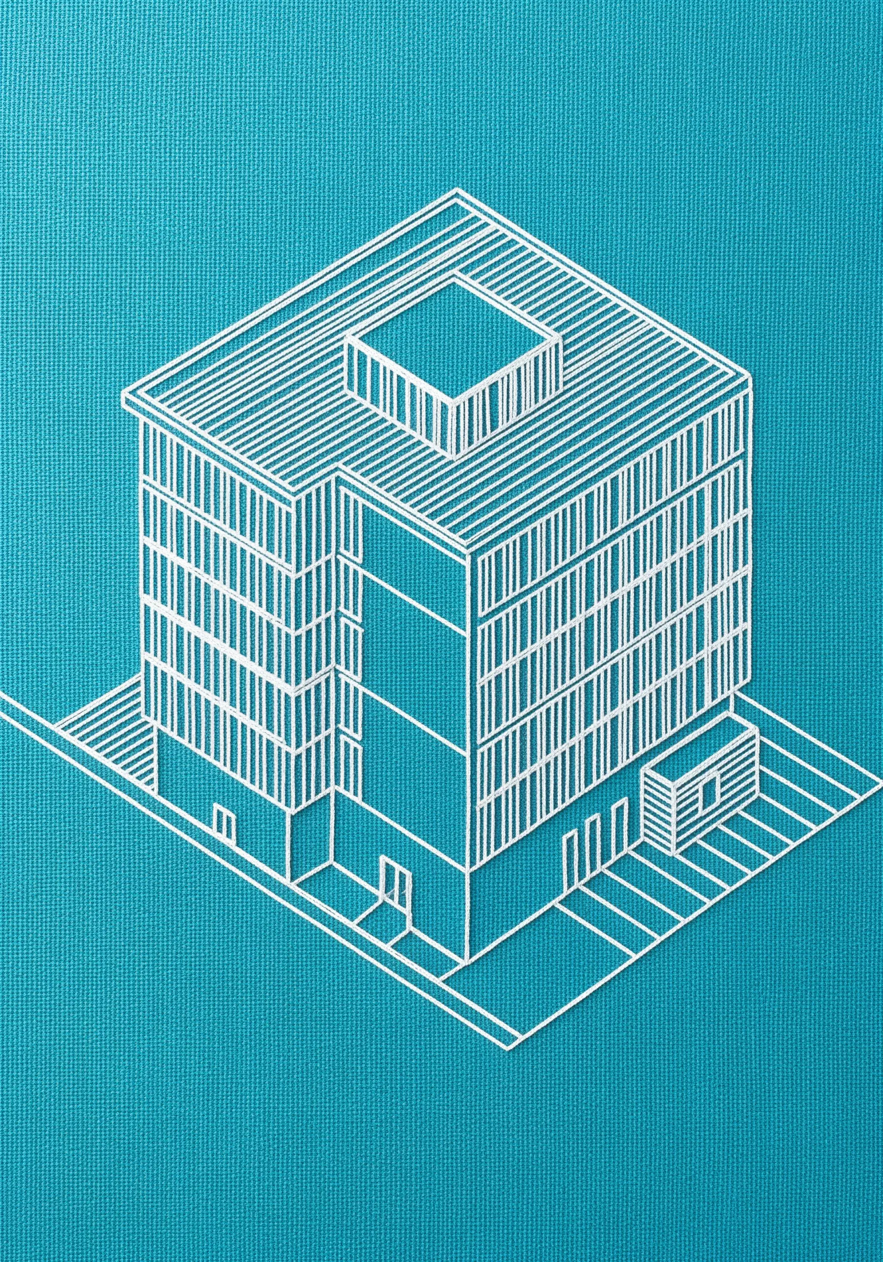 A white-thread architectural drawing of a building on a bright blue background.