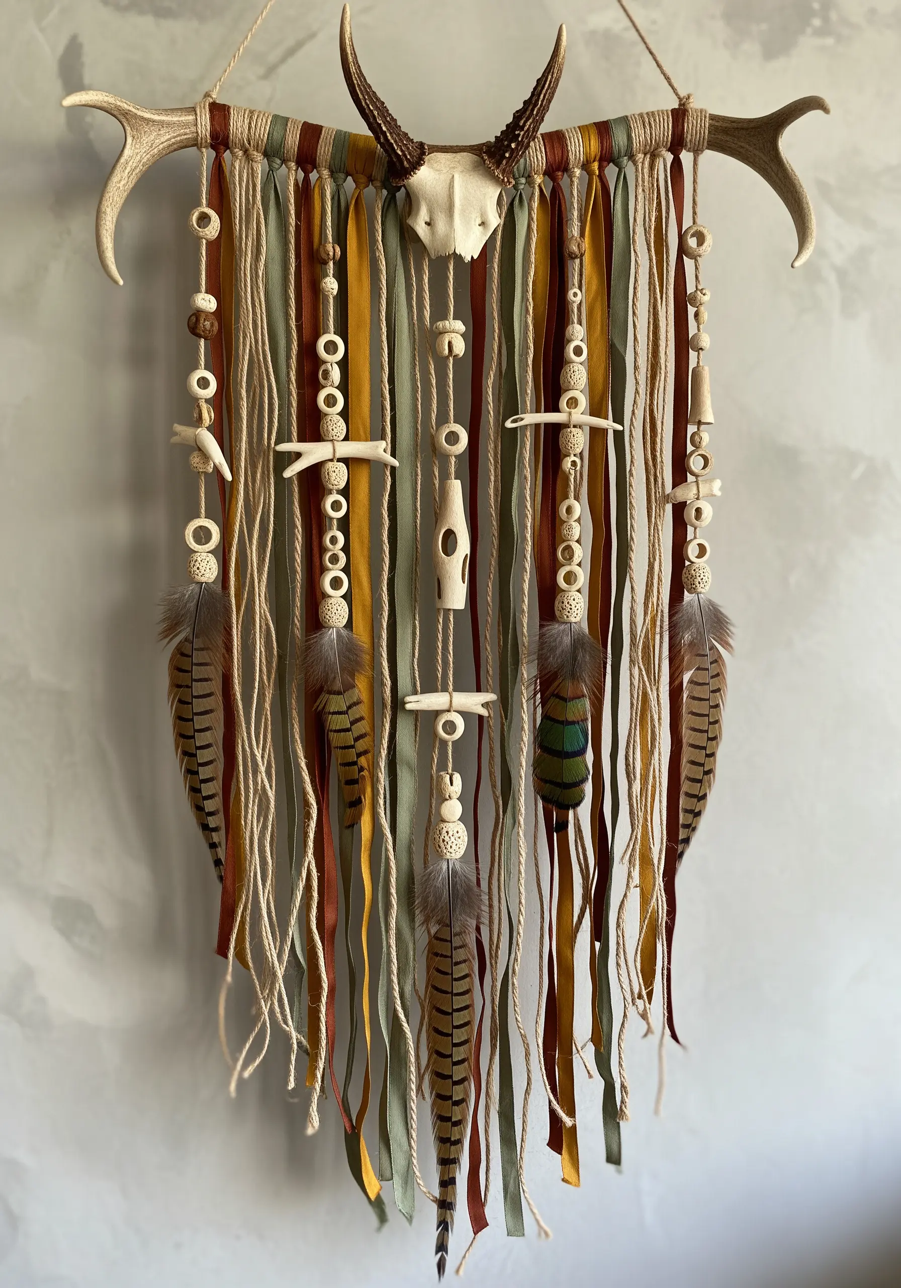 Wall hanging using antlers, ribbons, beads, and feathers