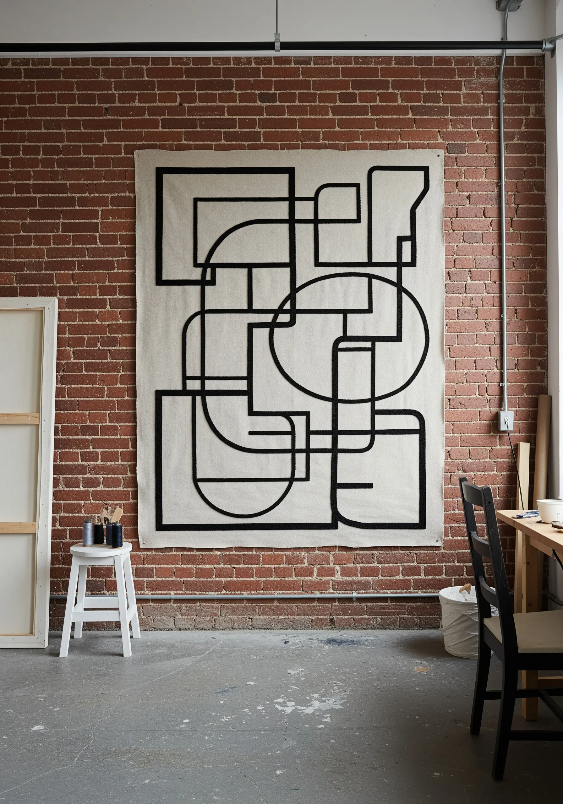 A large-scale abstract artwork made by couching thick black cord onto a raw canvas.