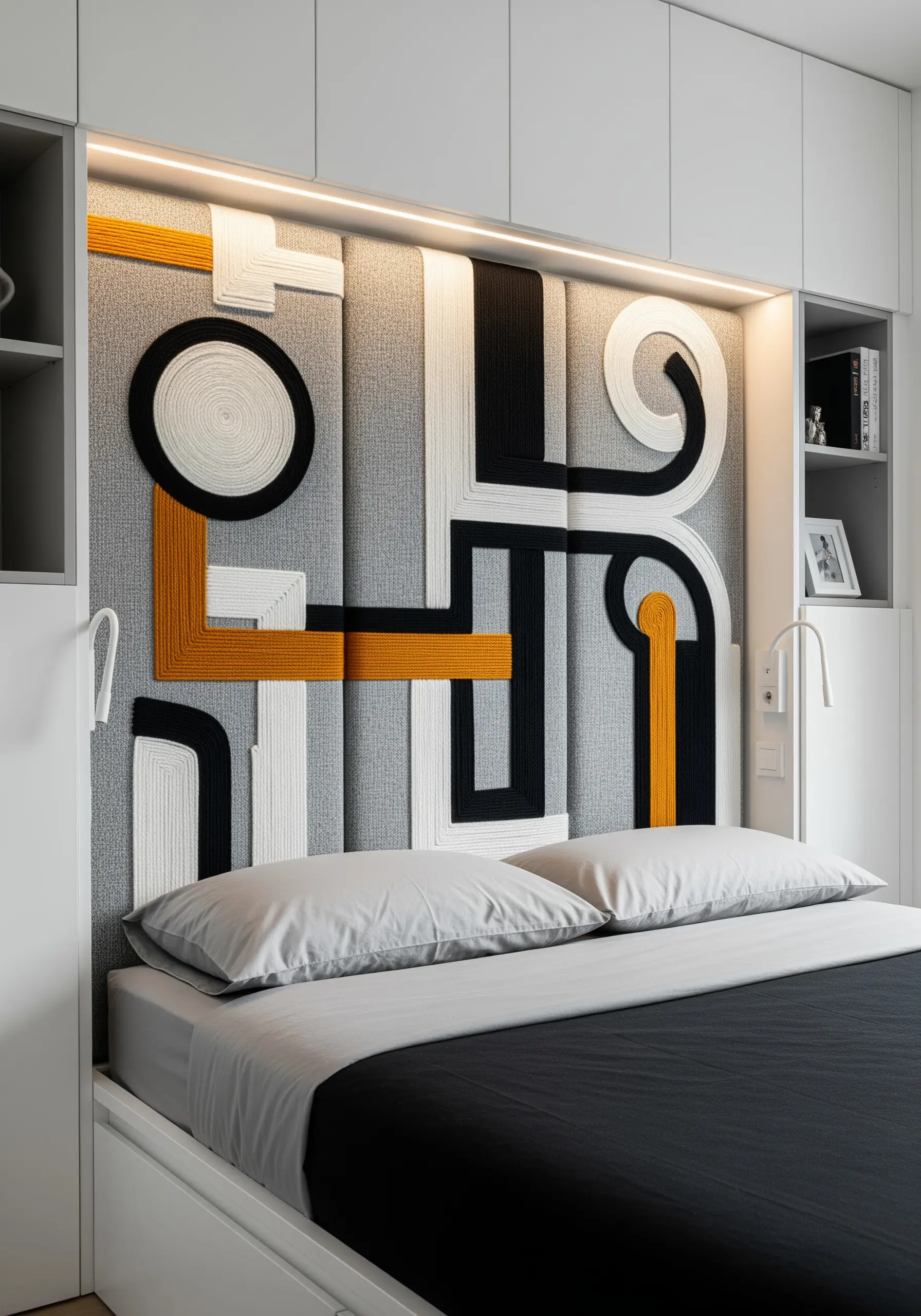 Abstract geometric shapes wrapped in black, white, and yellow yarn on a grey headboard.
