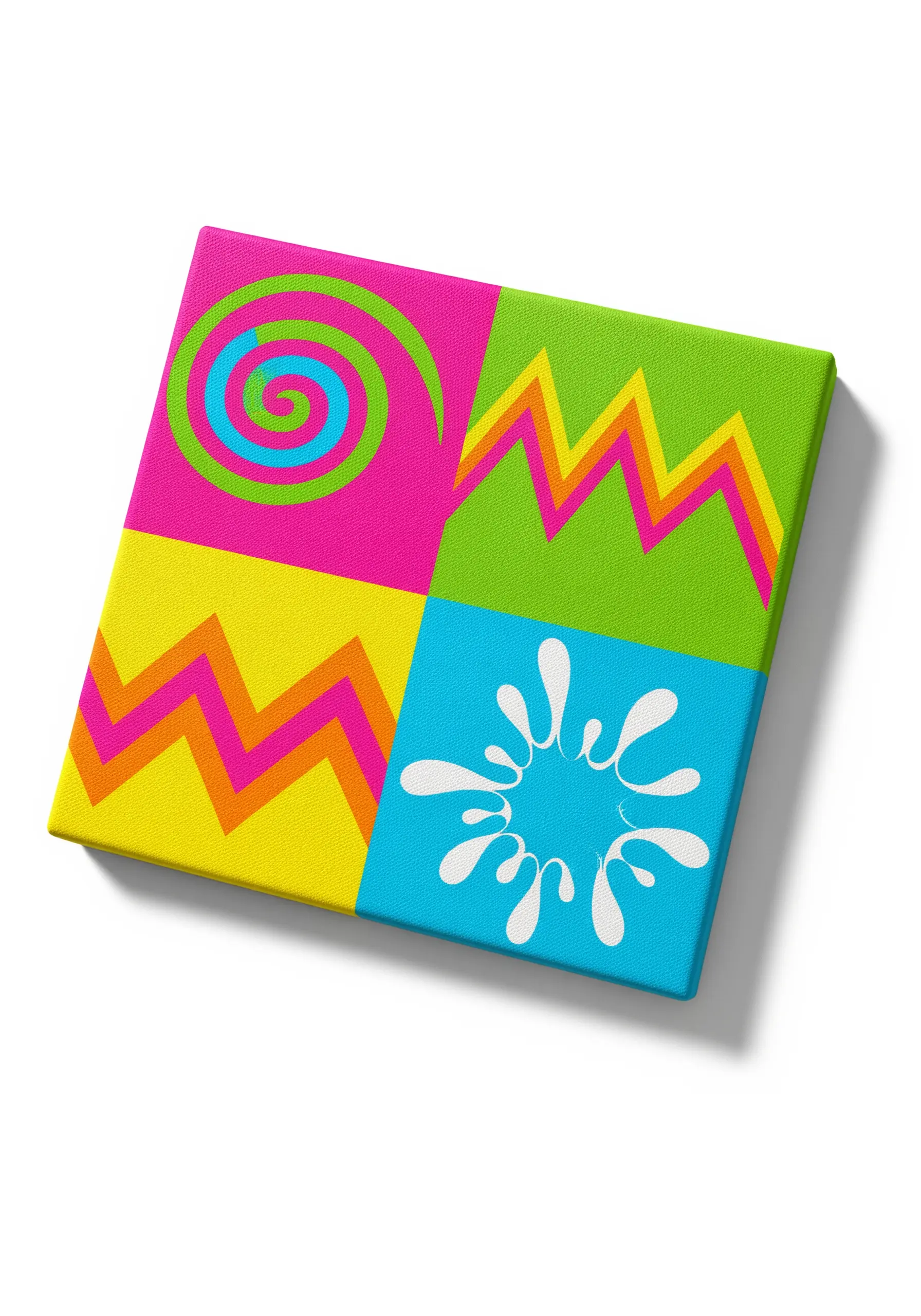 A pop-art inspired canvas with four color-blocked quadrants in bright, graphic designs.