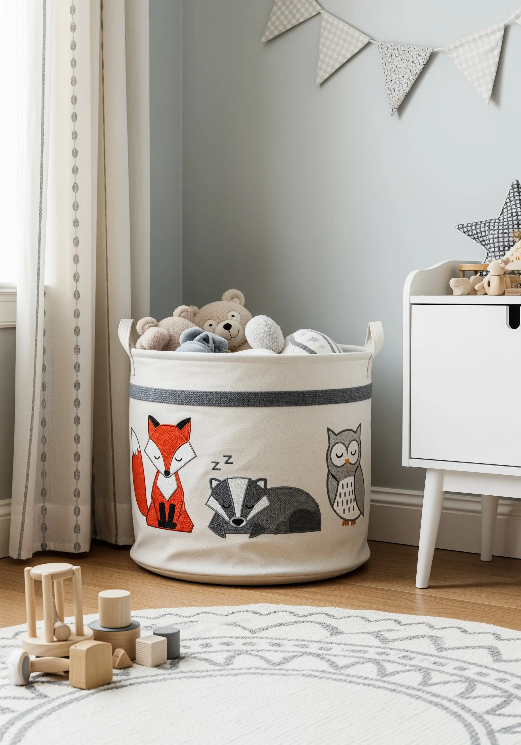 A children's toy basket with bold, graphic appliqué woodland animals like a fox and owl.