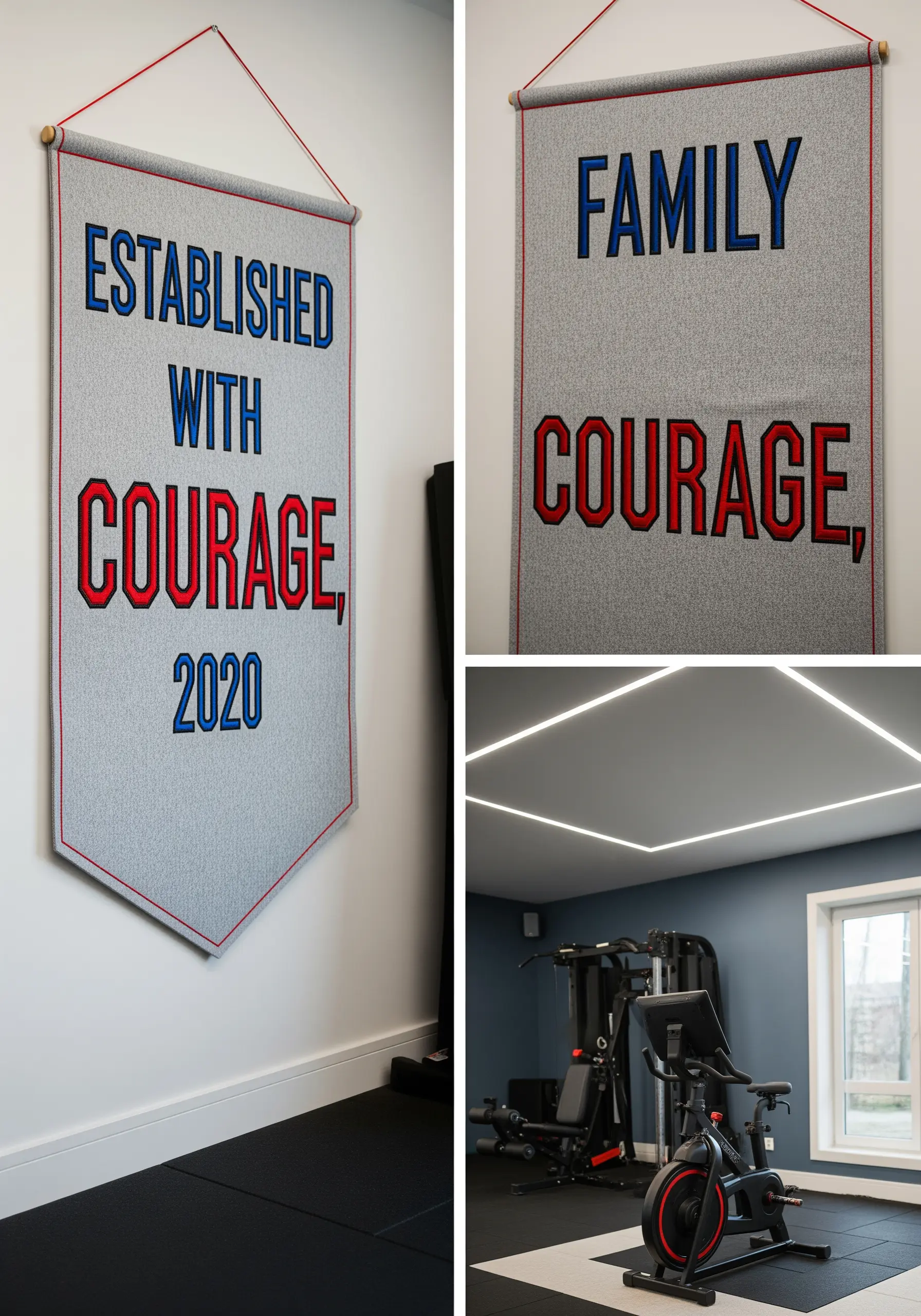 A large banner for a home gym with bold, shadowed appliqué letters.