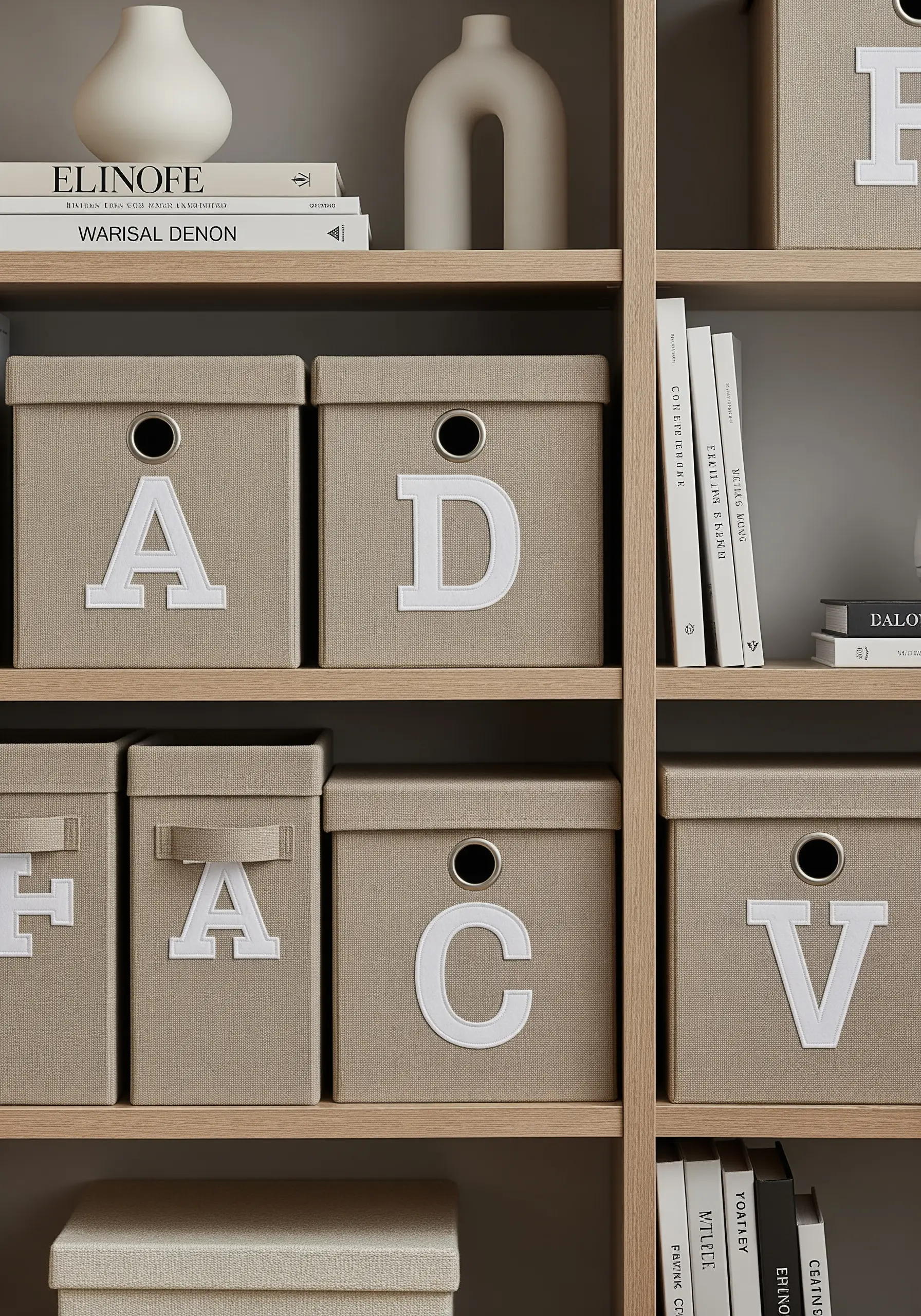White felt appliqué letters stitched onto beige canvas storage boxes on a shelf.