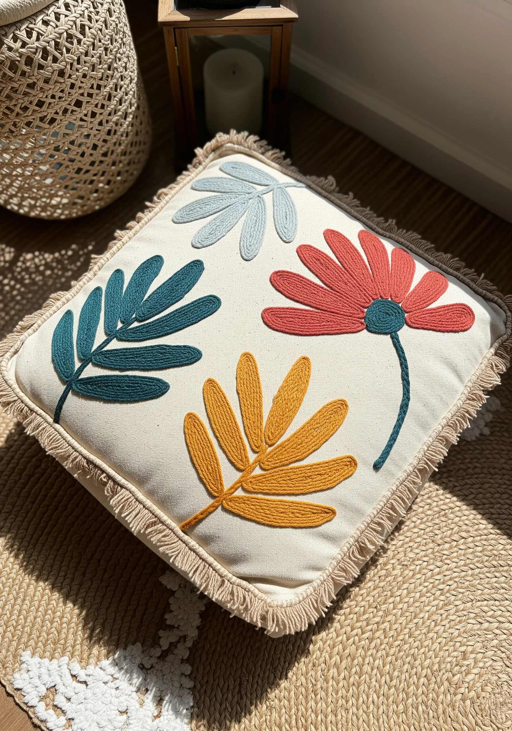 Cream cushion with large rust, teal, and yellow embroidered leaves