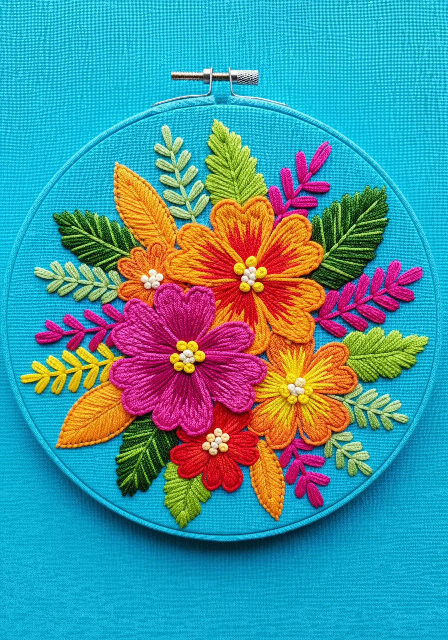Vibrant floral mandala with bold pink, orange, and yellow flowers on a bright turquoise background.