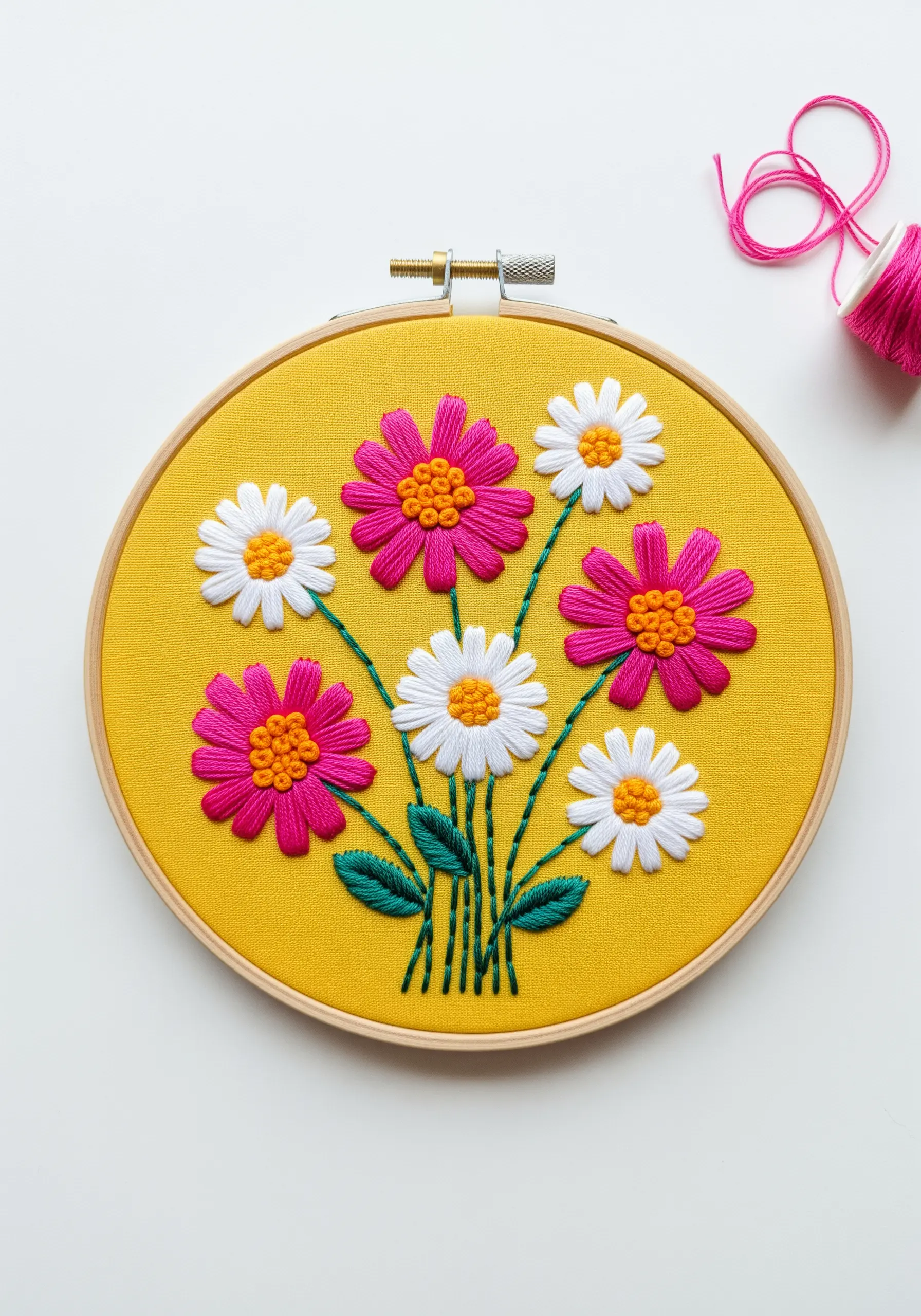 Graphic pink and white daisies with orange French knot centers on a yellow background.