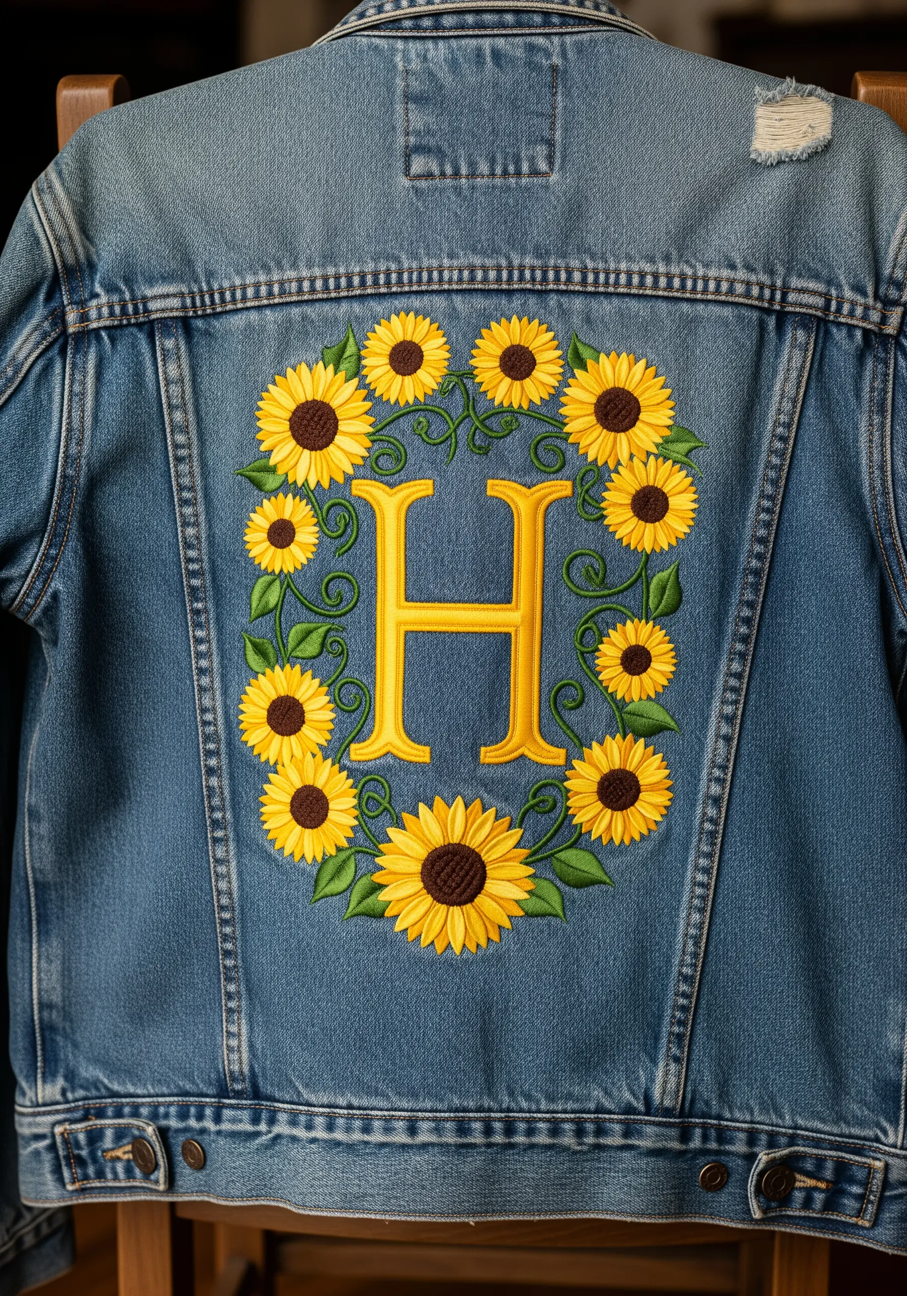 Denim jacket back with large yellow letter H and sunflower embroidery