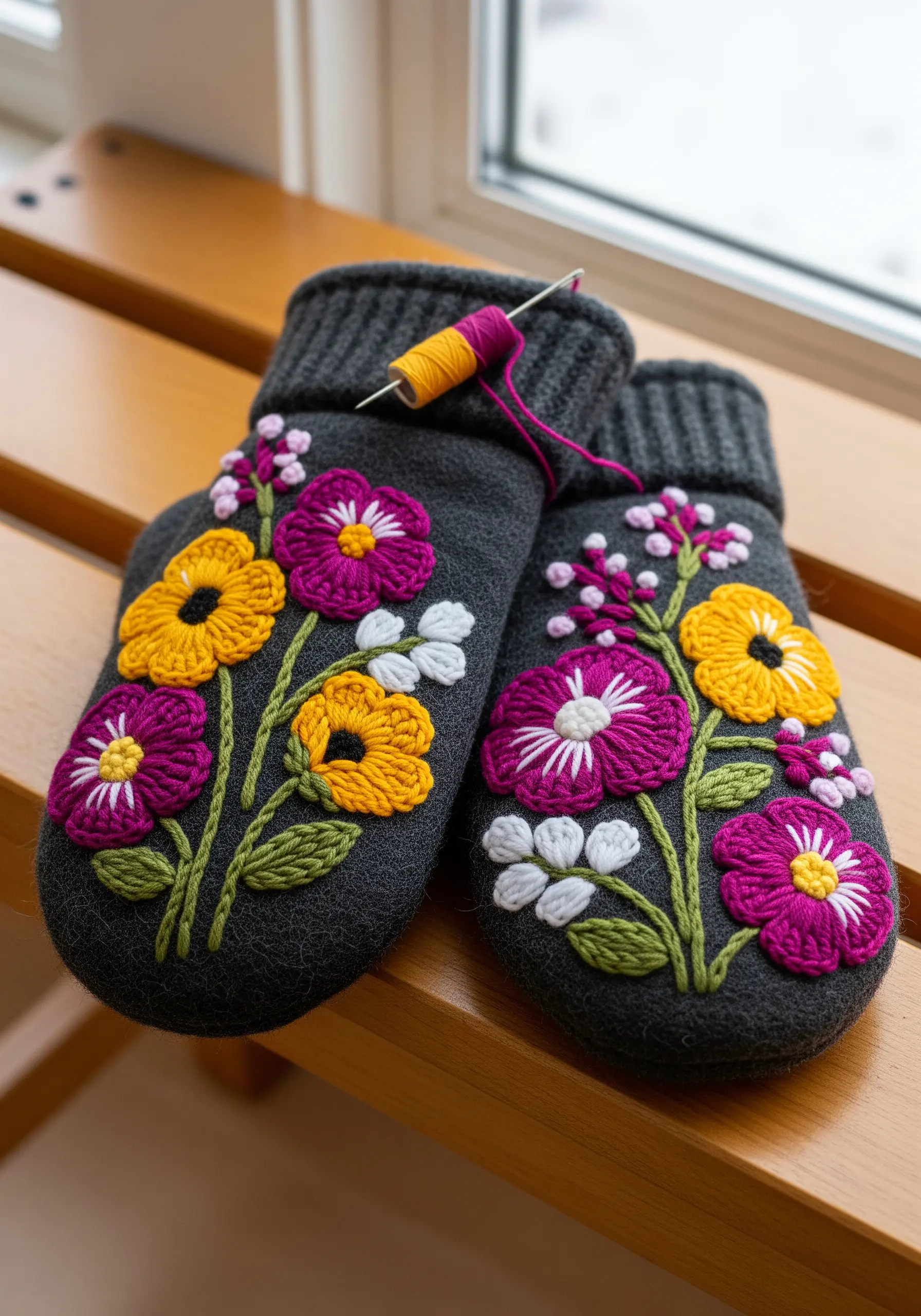 Boldly embroidered flowers in yellow and magenta on dark gray woolen mittens.