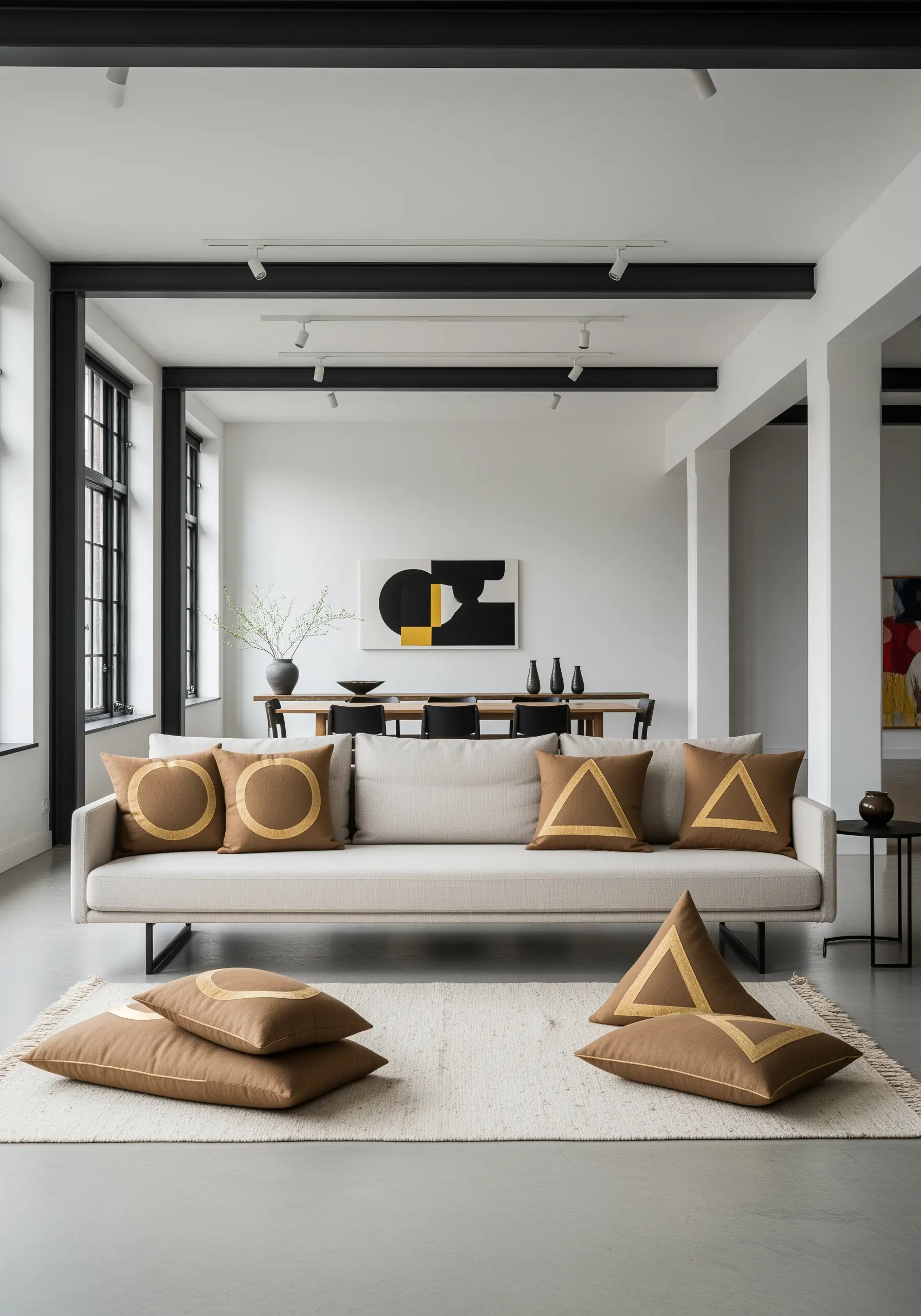 Simple geometric shapes in gold satin stitch on brown cushions.