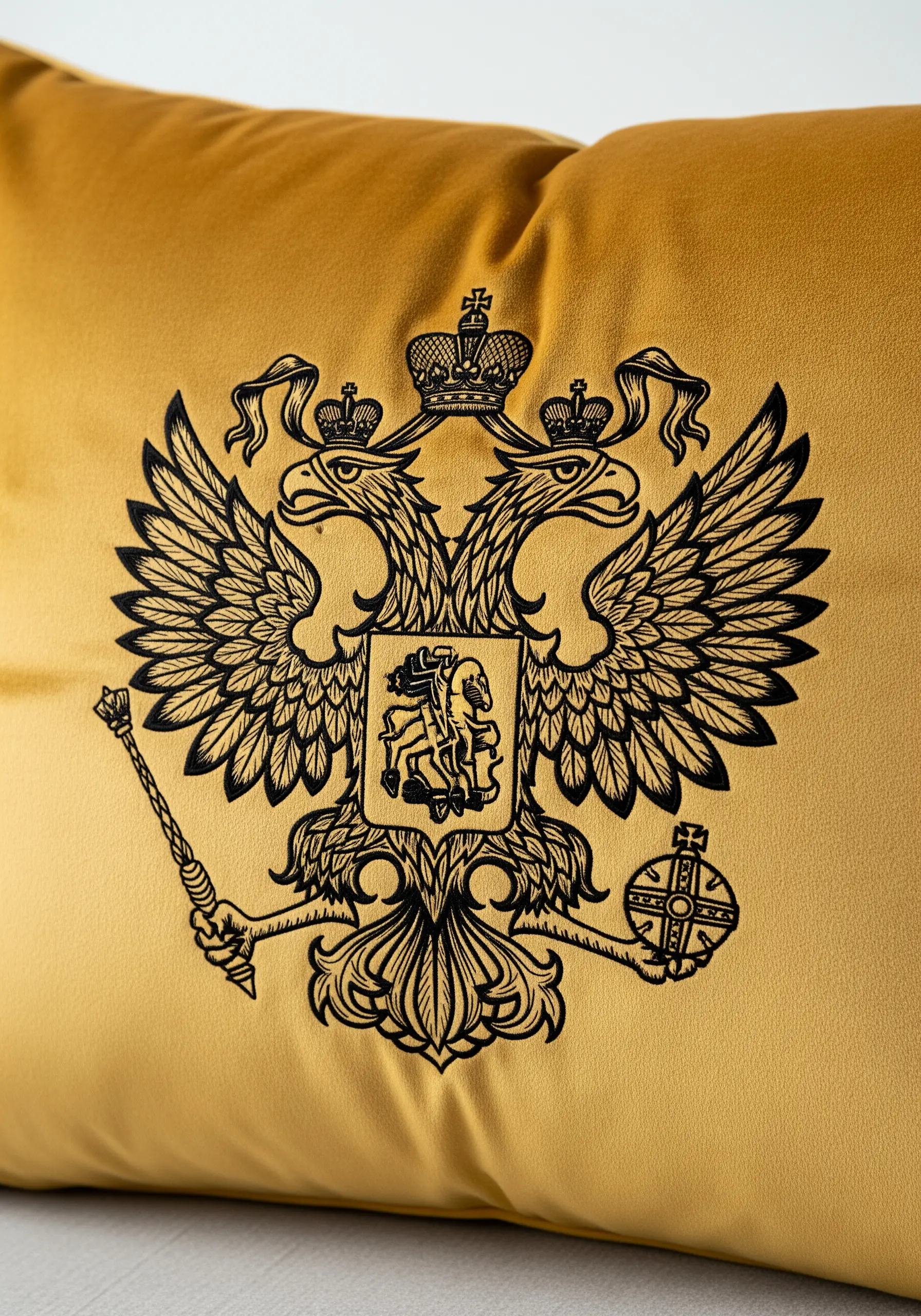 A black embroidered double-headed eagle crest on a gold velvet cushion.