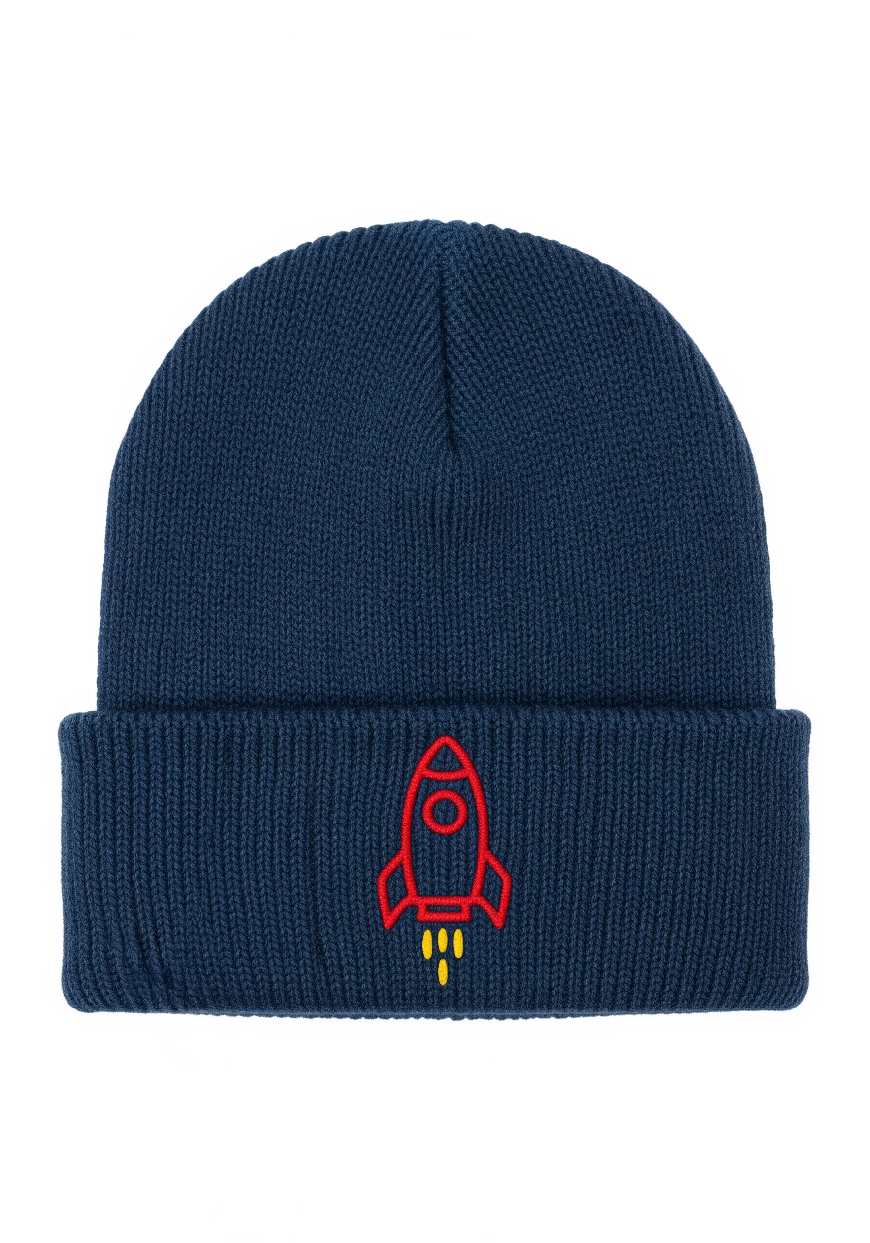 A red outline of a rocket ship embroidered on a navy blue knit beanie.