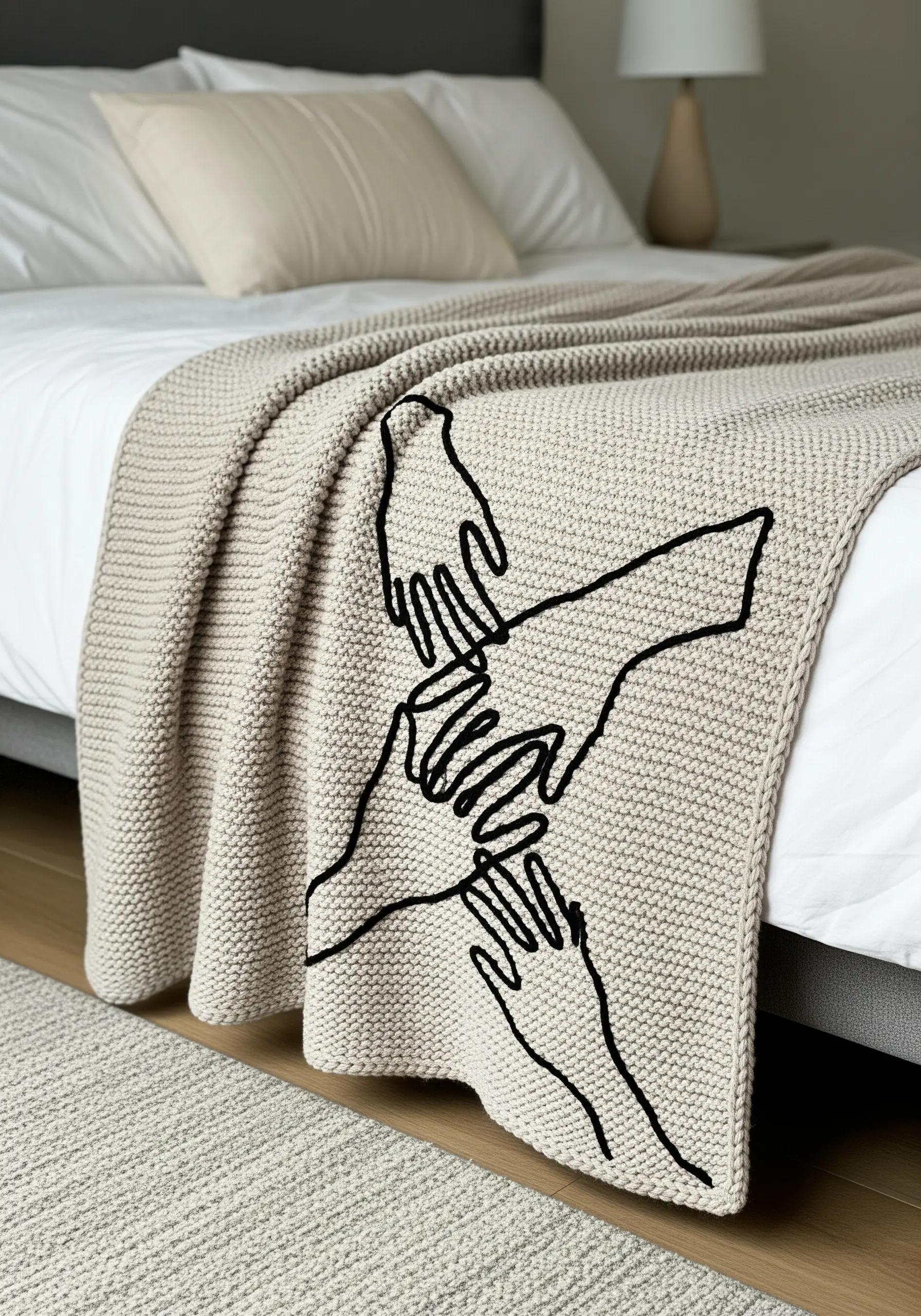 Black yarn chain stitch embroidery of interlocking hands on a beige knit throw.