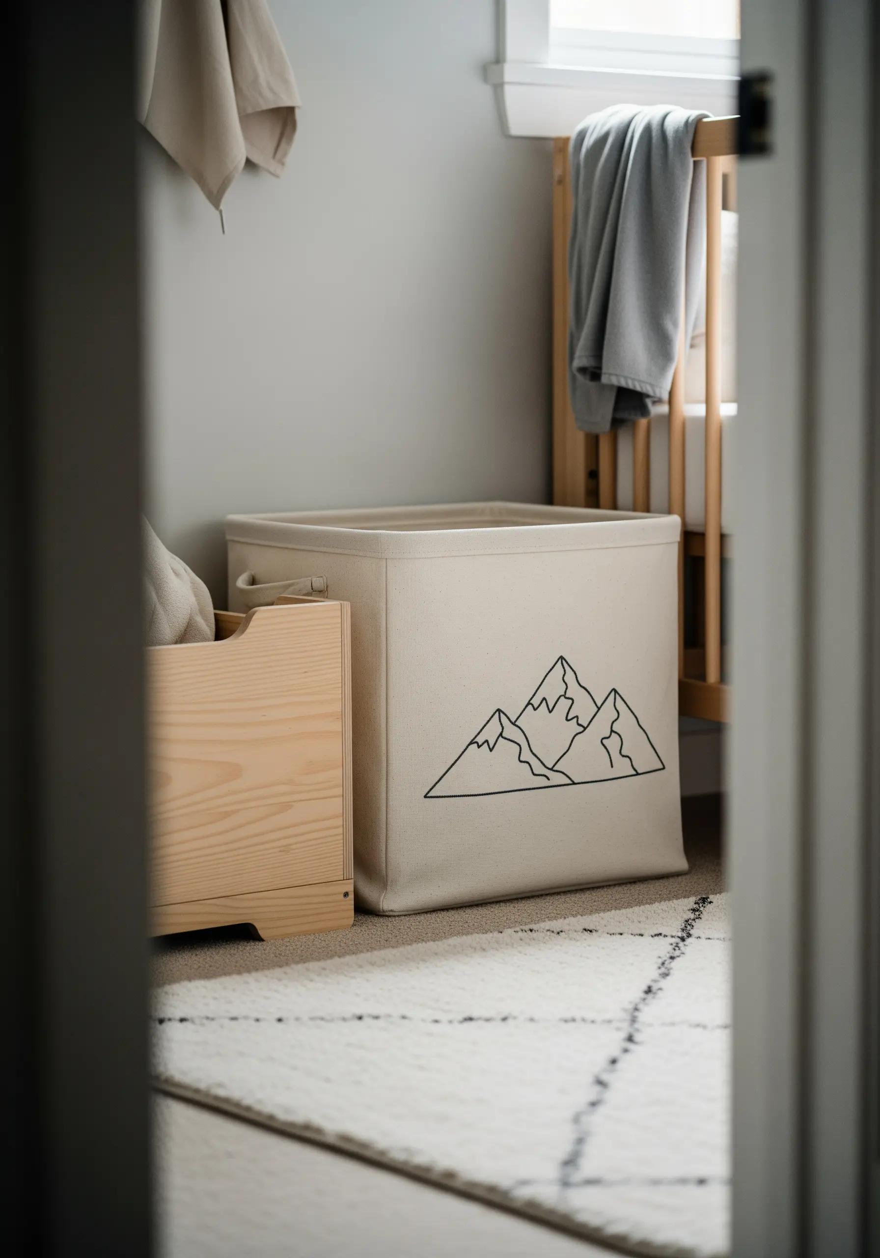 A simple black outline of a mountain range embroidered on a canvas storage bin.