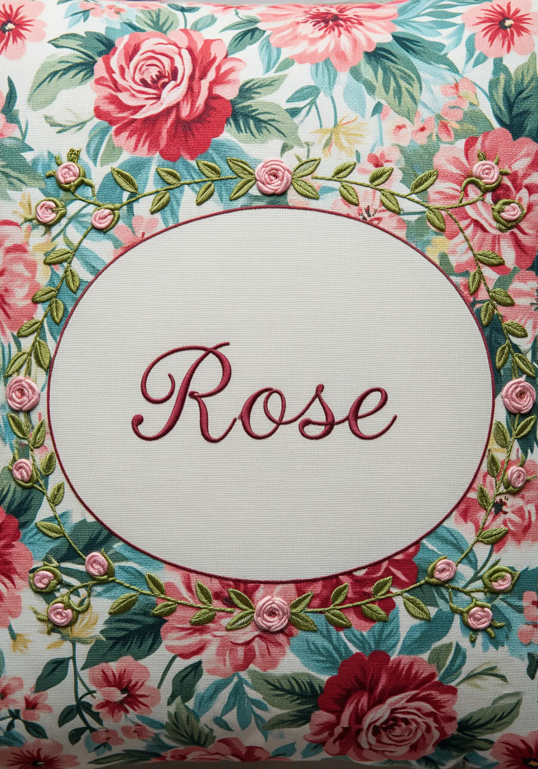 Floral print cushion with red embroidered name Rose over the pattern