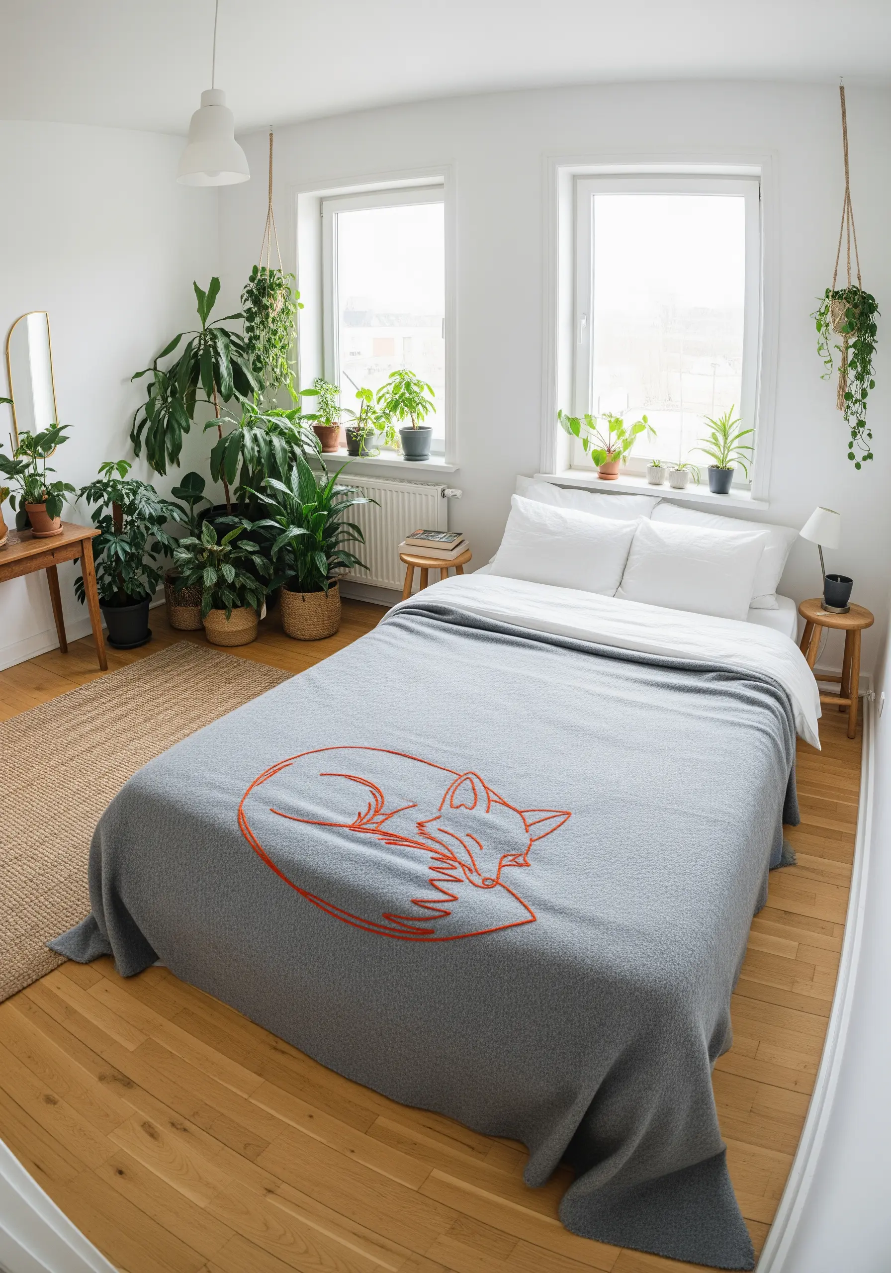 A simple line art illustration of a sleeping fox in orange thread on a grey wool blanket.