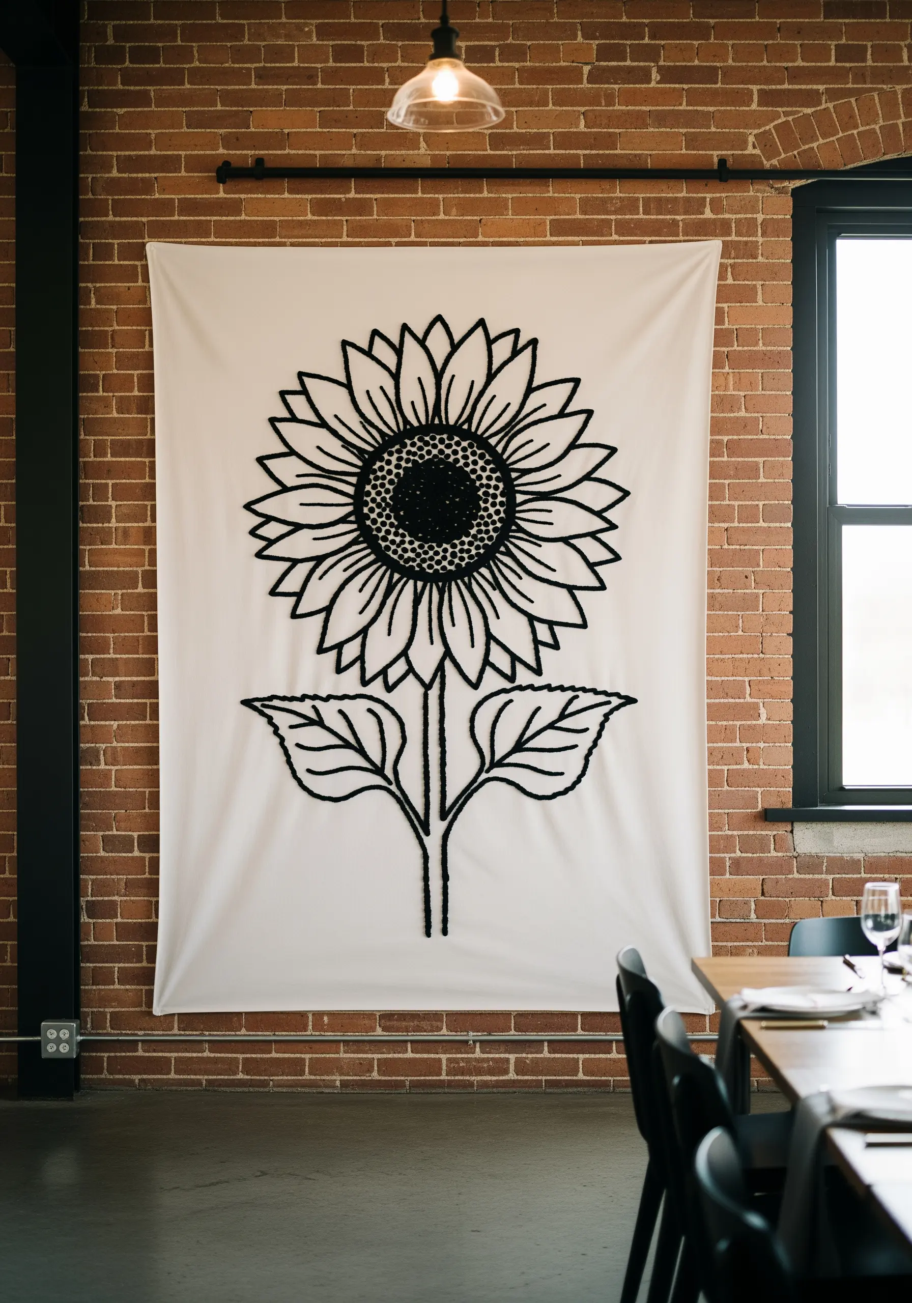 A large sunflower embroidered with thick black yarn on a white banner against a brick wall.