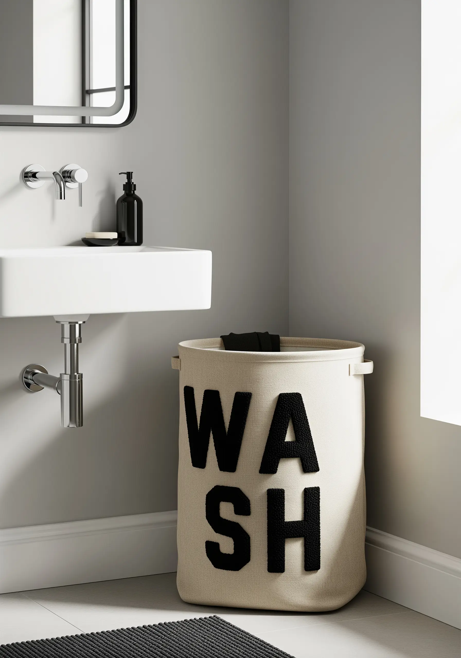Canvas laundry hamper in a bathroom with the word WASH appliqued in bold black letters