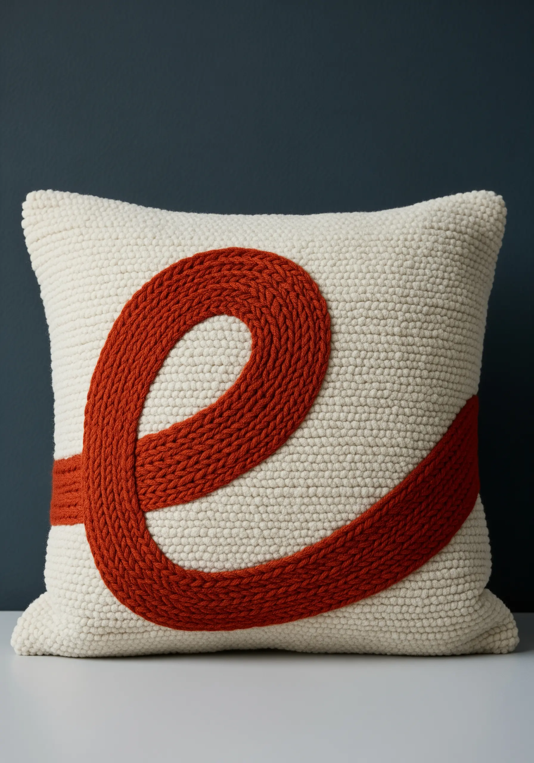 A large orange letter 'e' created with wrapped cording on a textured cream pillow.